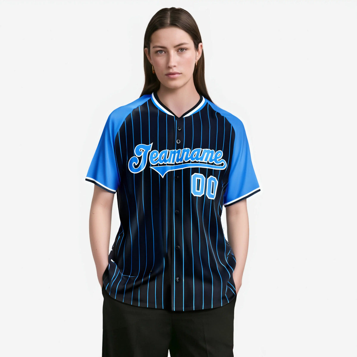 Custom Navy-Light Blue Pinstripe Authentic Raglan Sleeves Baseball Jersey