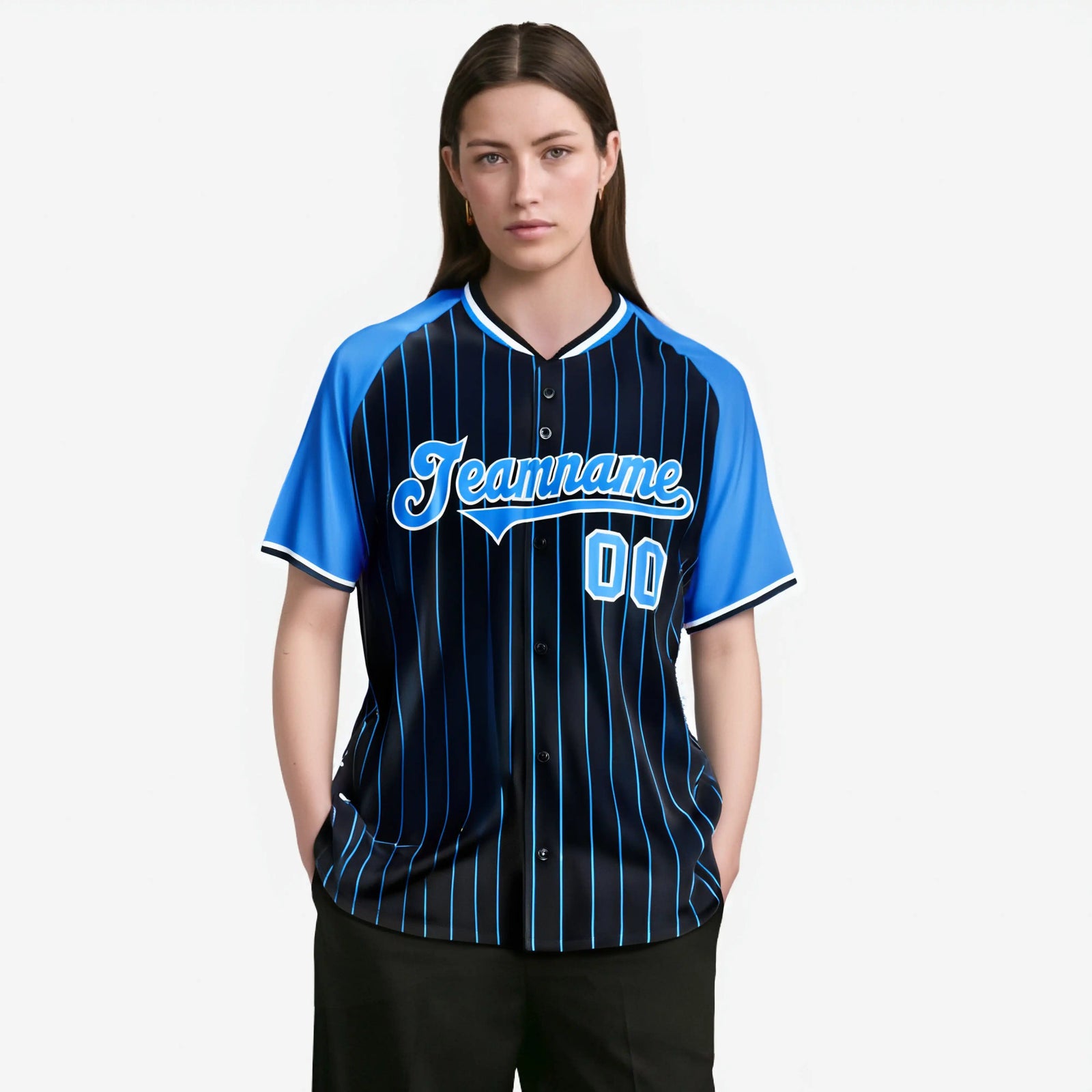Custom Navy-Light Blue Pinstripe Authentic Raglan Sleeves Baseball Jersey