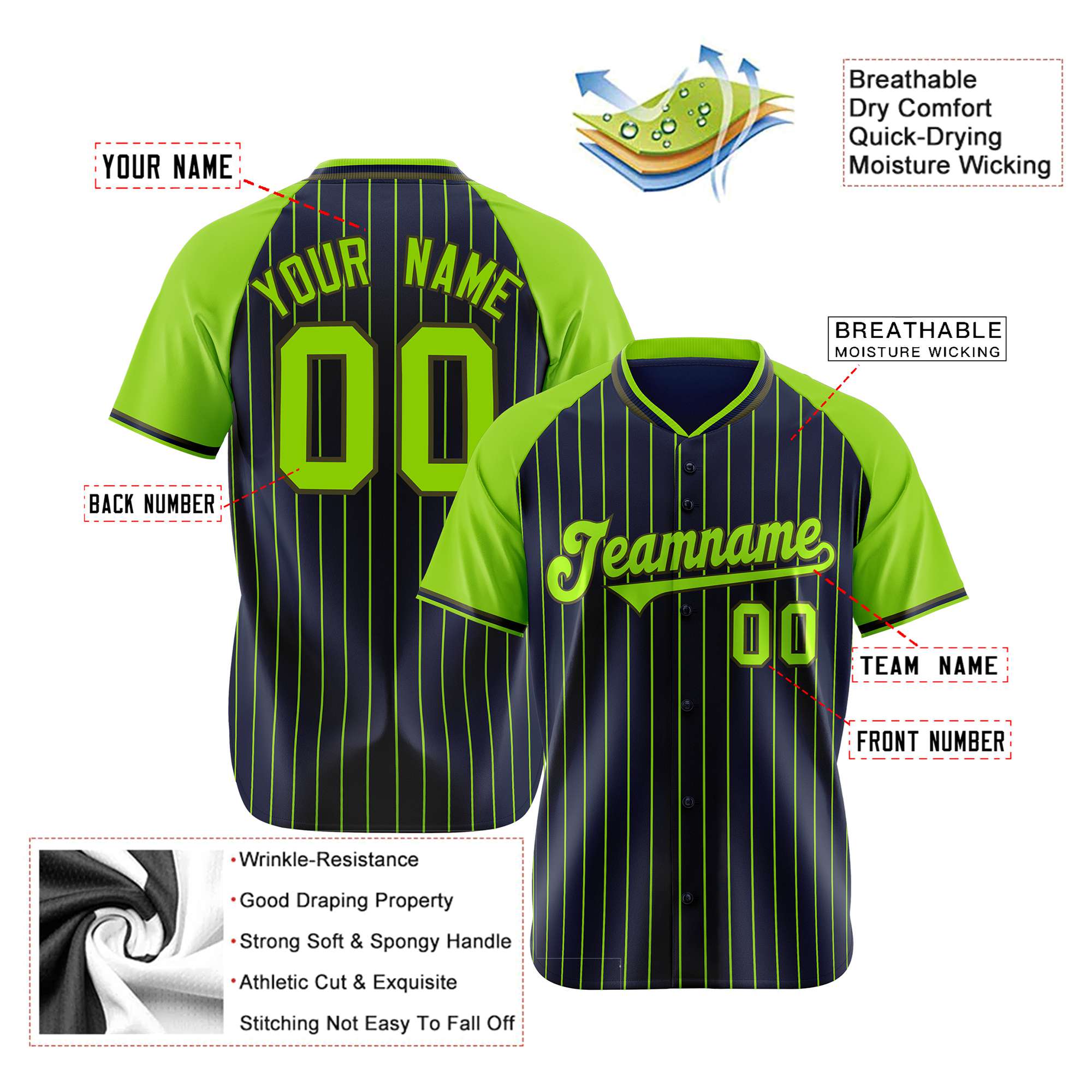 Custom Navy-Neon Green Pinstripe Authentic Raglan Sleeves Baseball Jersey