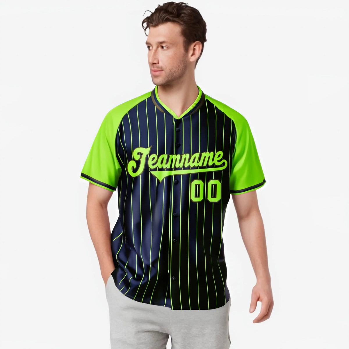 Custom Navy-Neon Green Pinstripe Authentic Raglan Sleeves Baseball Jersey