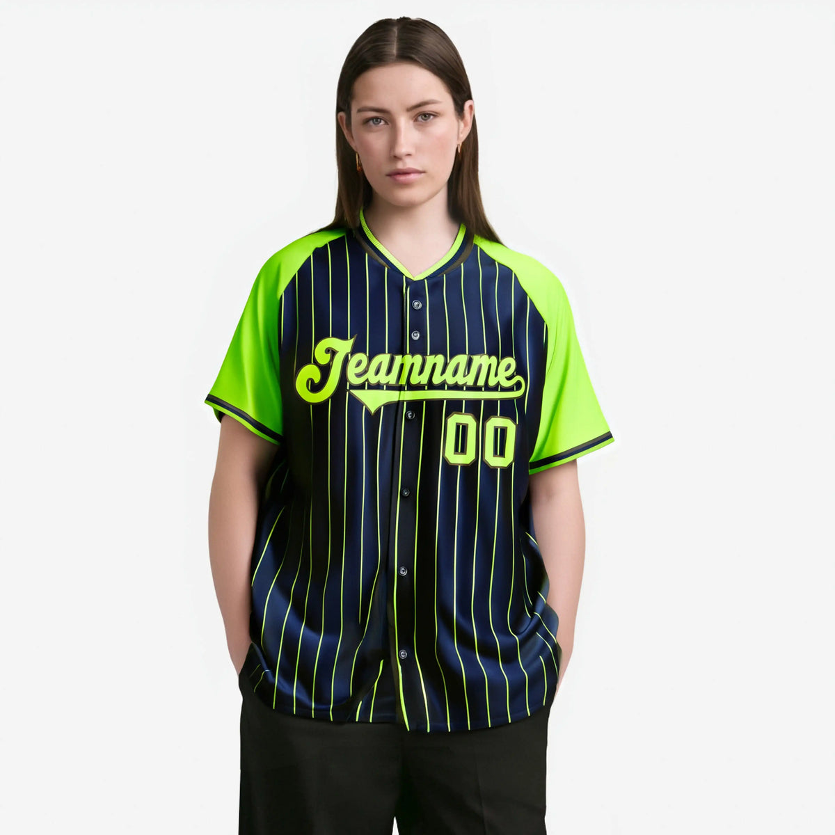 Custom Navy-Neon Green Pinstripe Authentic Raglan Sleeves Baseball Jersey