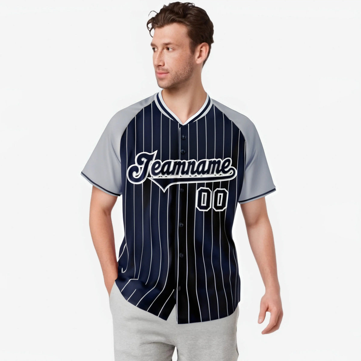 Custom Navy Gray Pinstripe Gray-Navy Authentic Raglan Sleeves Baseball Jersey
