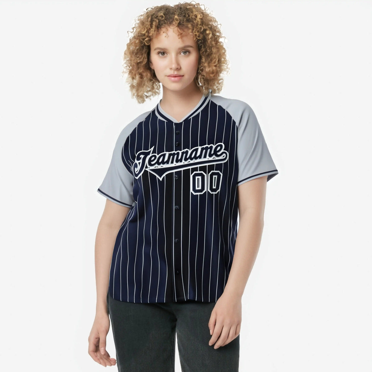Custom Navy Gray Pinstripe Gray-Navy Authentic Raglan Sleeves Baseball Jersey