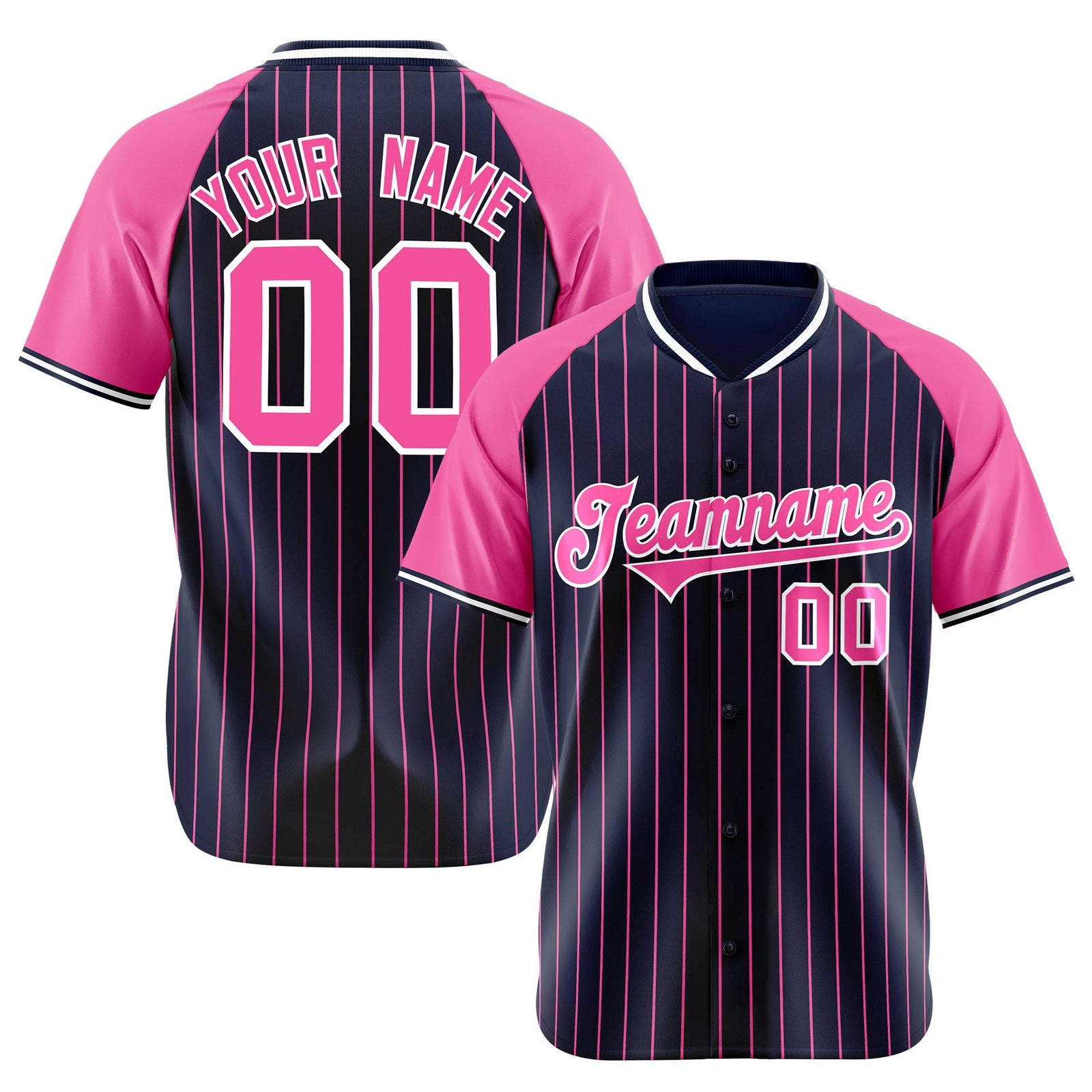 Custom Navy Pink Pinstripe Pink-Navy Authentic Raglan Sleeves Baseball Jersey