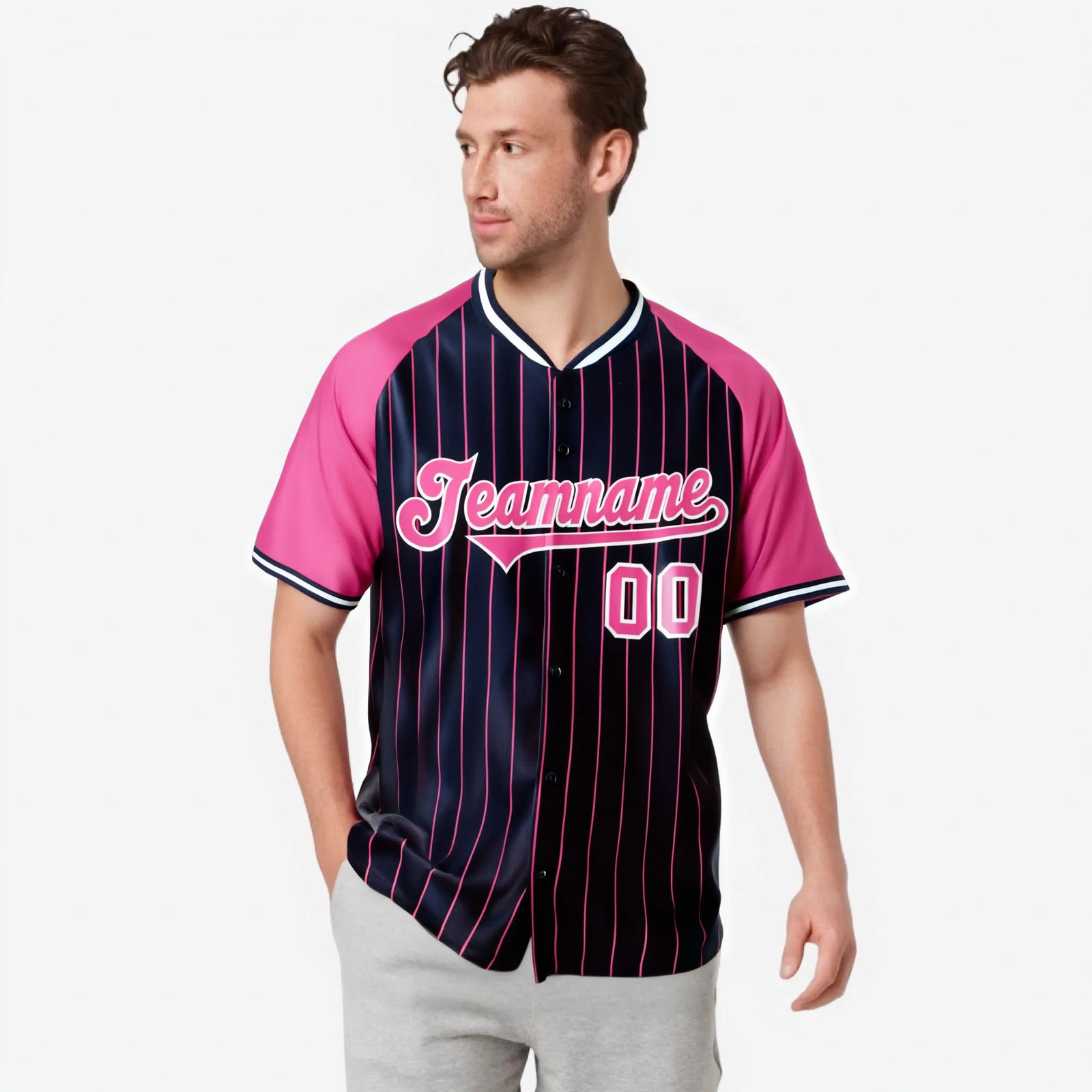 Custom Navy Pink Pinstripe Pink-Navy Authentic Raglan Sleeves Baseball Jersey