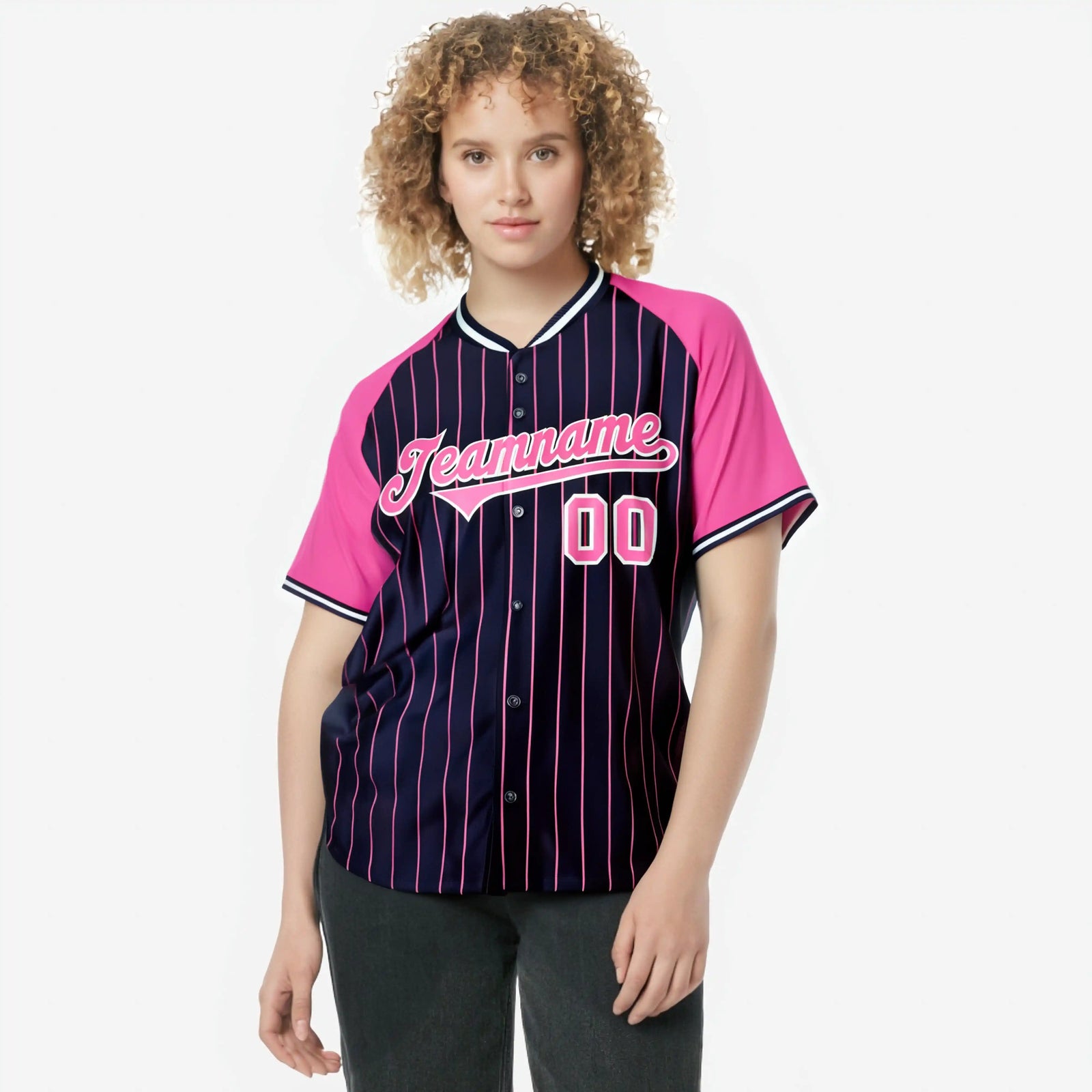 Custom Navy Pink Pinstripe Pink-Navy Authentic Raglan Sleeves Baseball Jersey