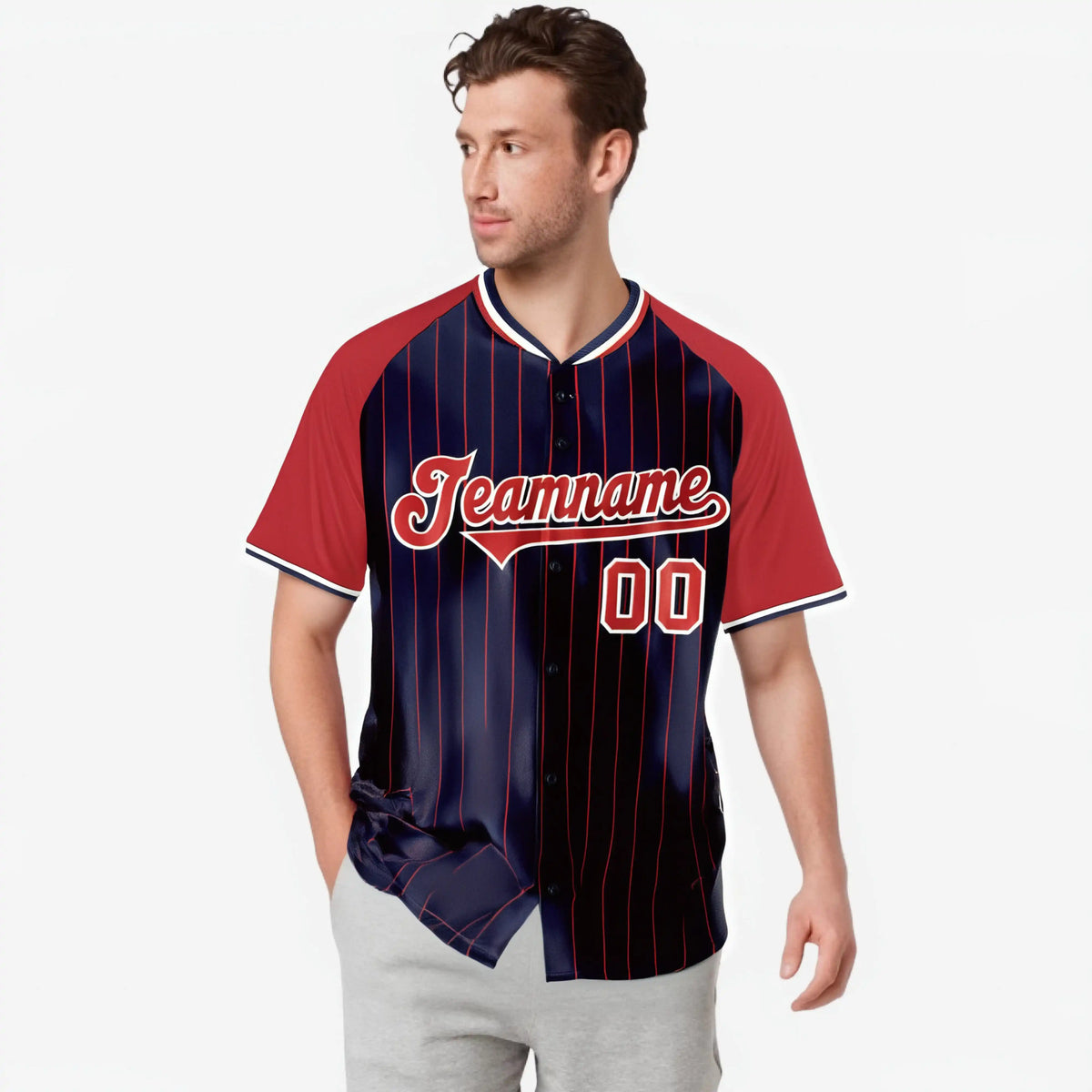 Custom Navy Red Pinstripe Red-Navy Authentic Raglan Sleeves Baseball Jersey