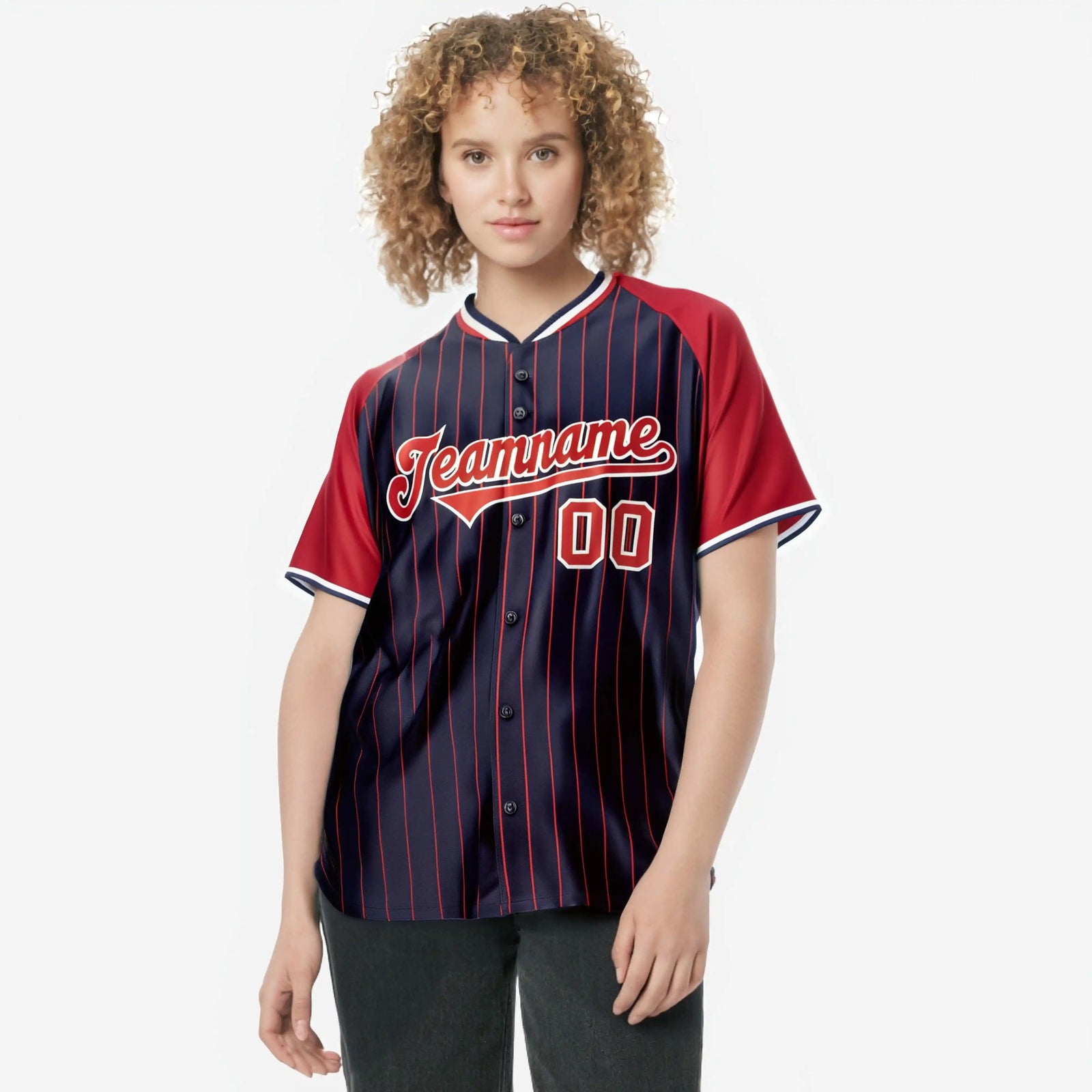 Custom Navy Red Pinstripe Red-Navy Authentic Raglan Sleeves Baseball Jersey