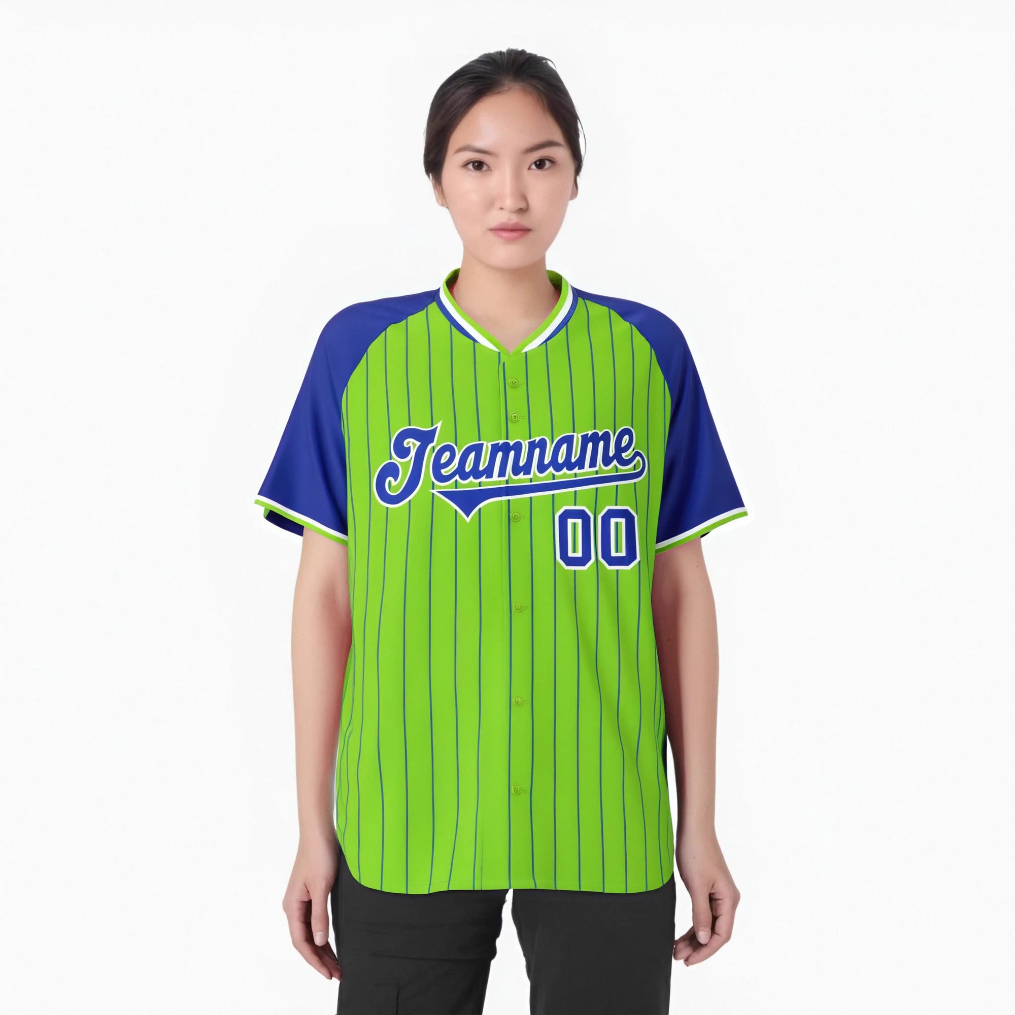 Custom Neon Green-Royal Blue Pinstripe Authentic Raglan Sleeves Baseball Jersey