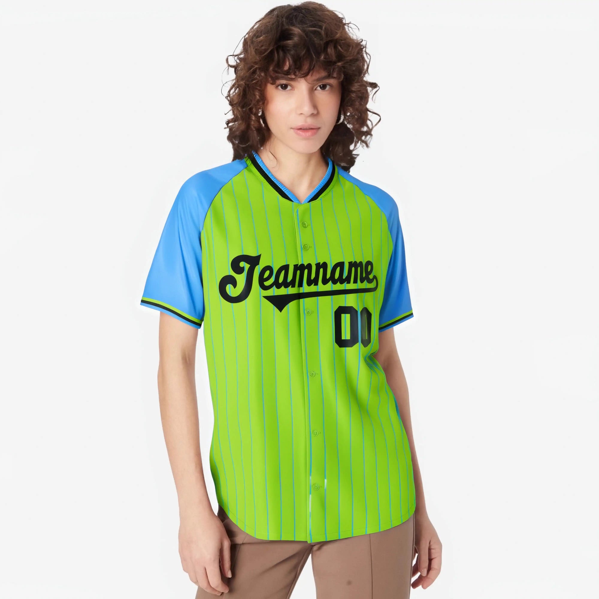 Custom Neon Green Blue Pinstripe Blue Neon-Green Authentic Raglan Sleeves Baseball Jersey