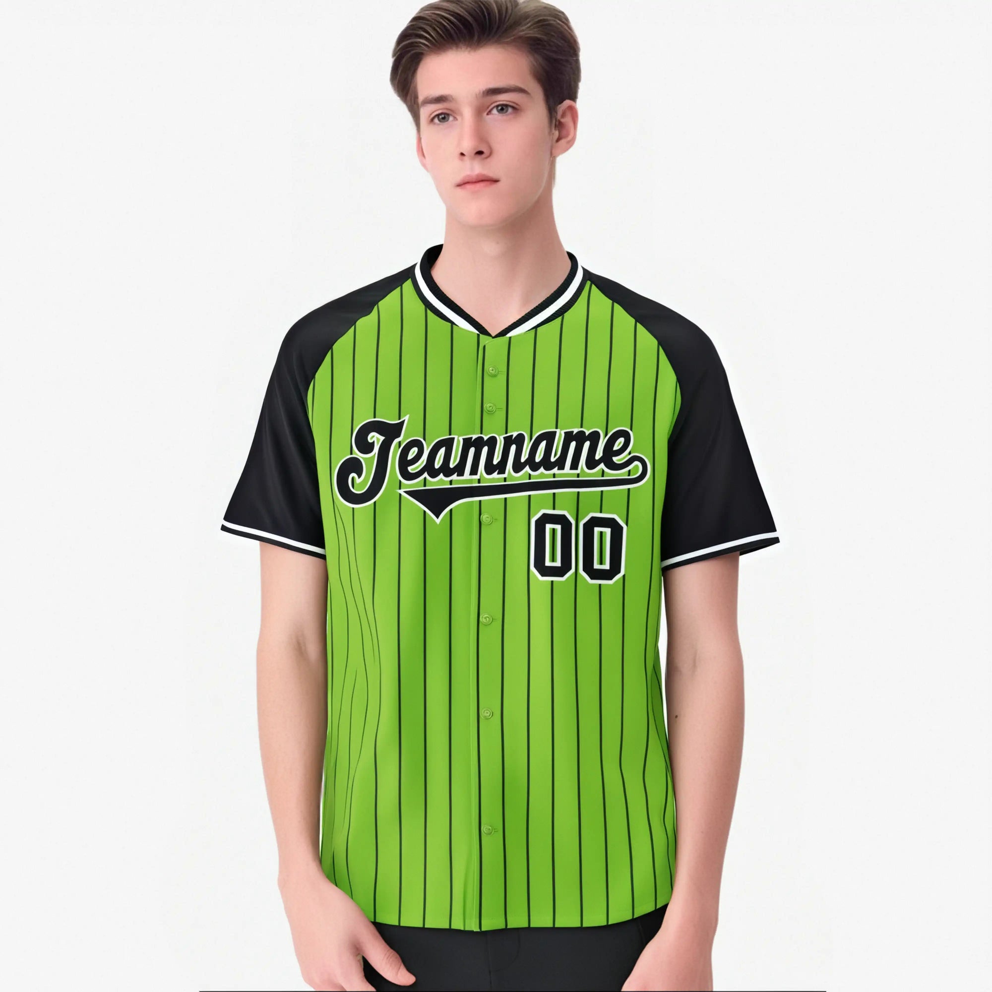 Custom Neon Green-Black Pinstripe Black Neon Green Authentic Raglan Sleeves Baseball Jersey