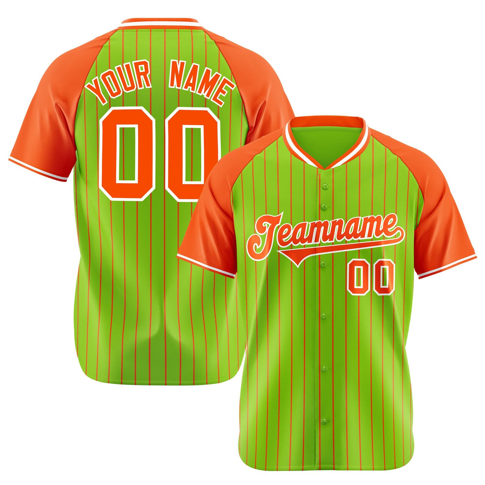 Custom Neon Green Orange Pinstripe Authentic Raglan Sleeves Baseball Jersey