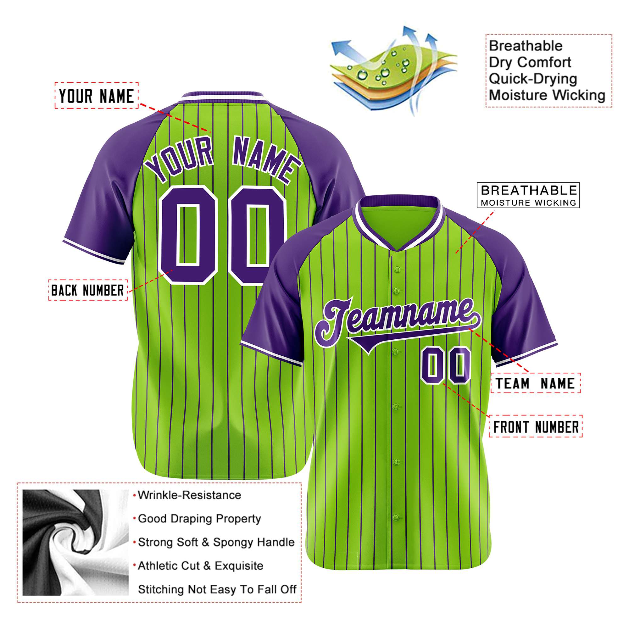 Custom Neon Green-Purple Pinstripe Purple-Neon Green Authentic Raglan Sleeves Baseball Jersey