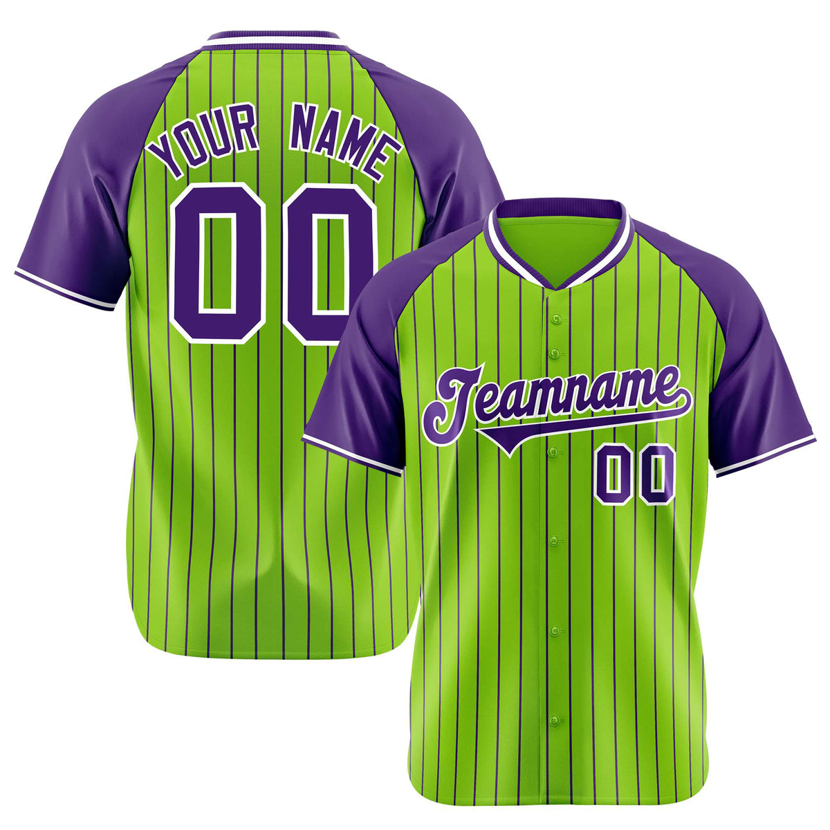 Custom Neon Green-Purple Pinstripe Purple-Neon Green Authentic Raglan Sleeves Baseball Jersey