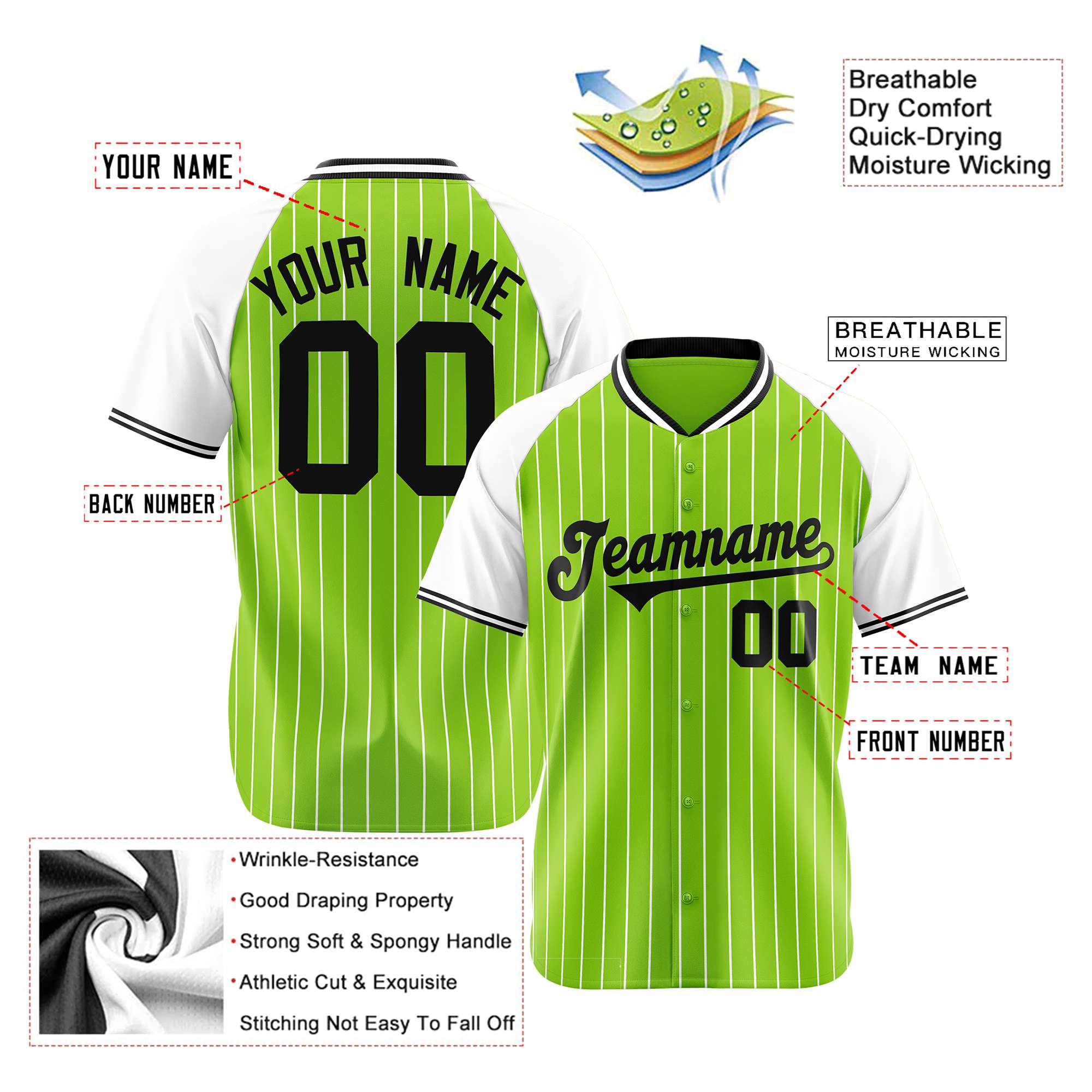 Custom Neon Green White Pinstripe Authentic Raglan Sleeves Baseball Jersey