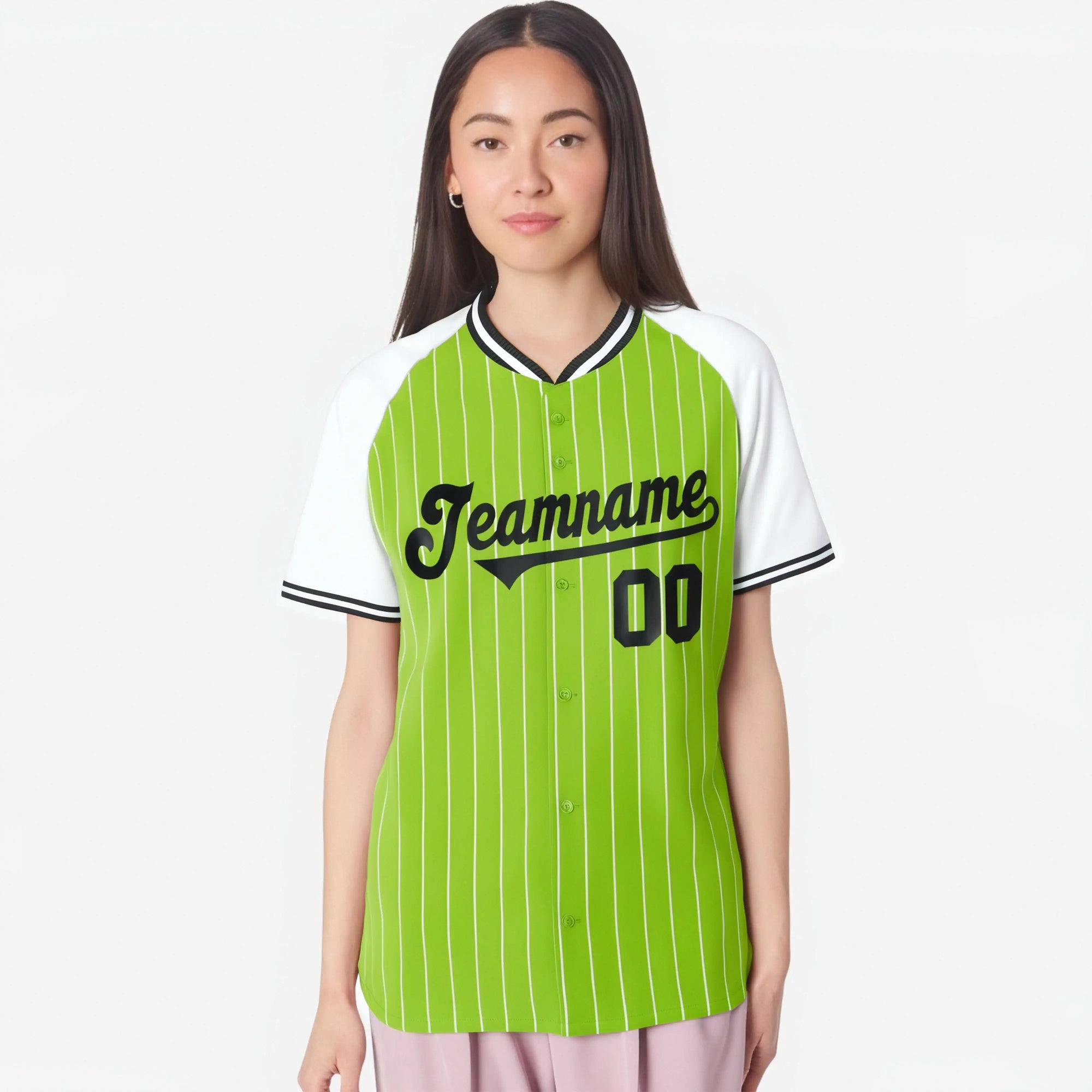 Custom Neon Green White Pinstripe Authentic Raglan Sleeves Baseball Jersey