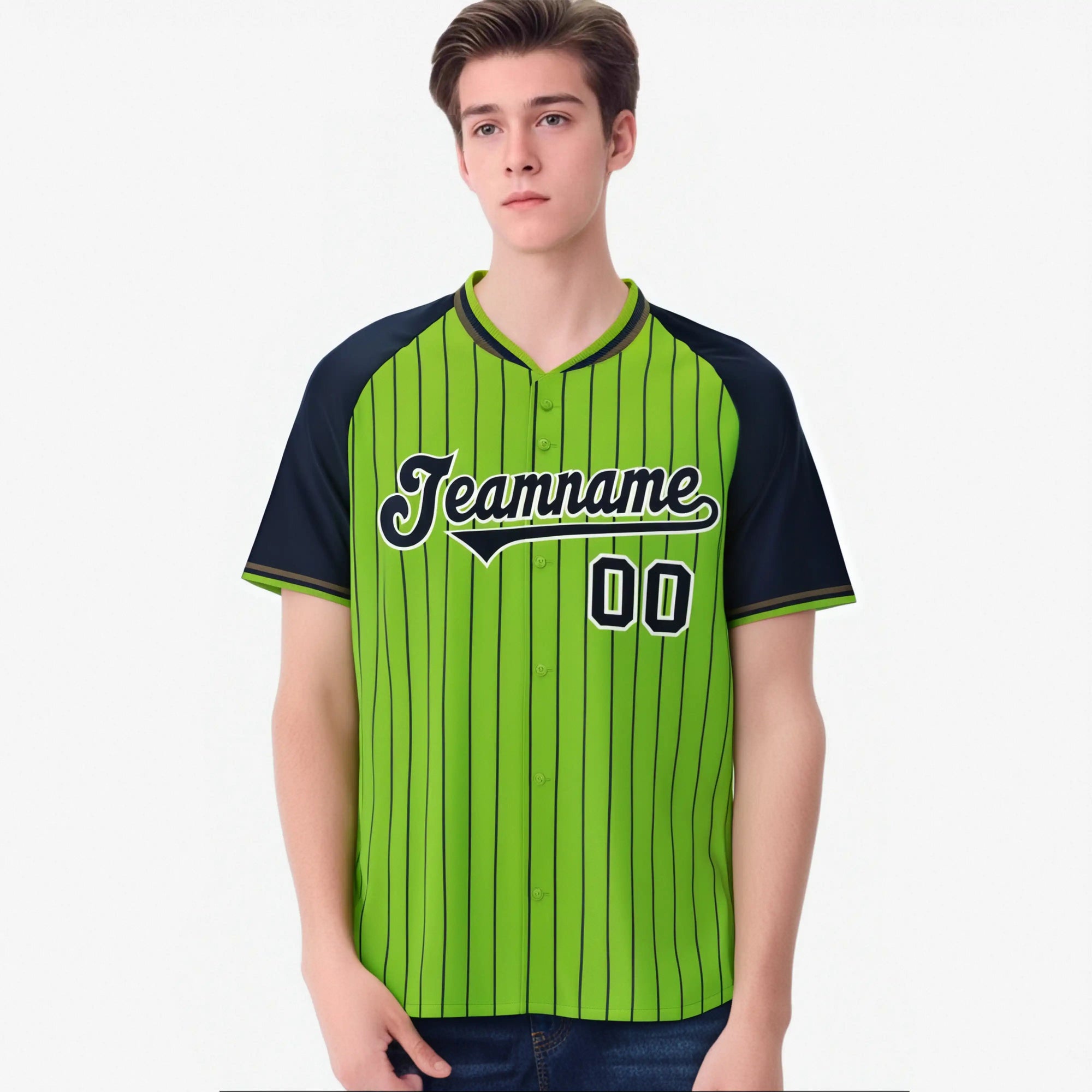 Custom Neon Green Navy Pinstripe Authentic Raglan Sleeves Baseball Jersey