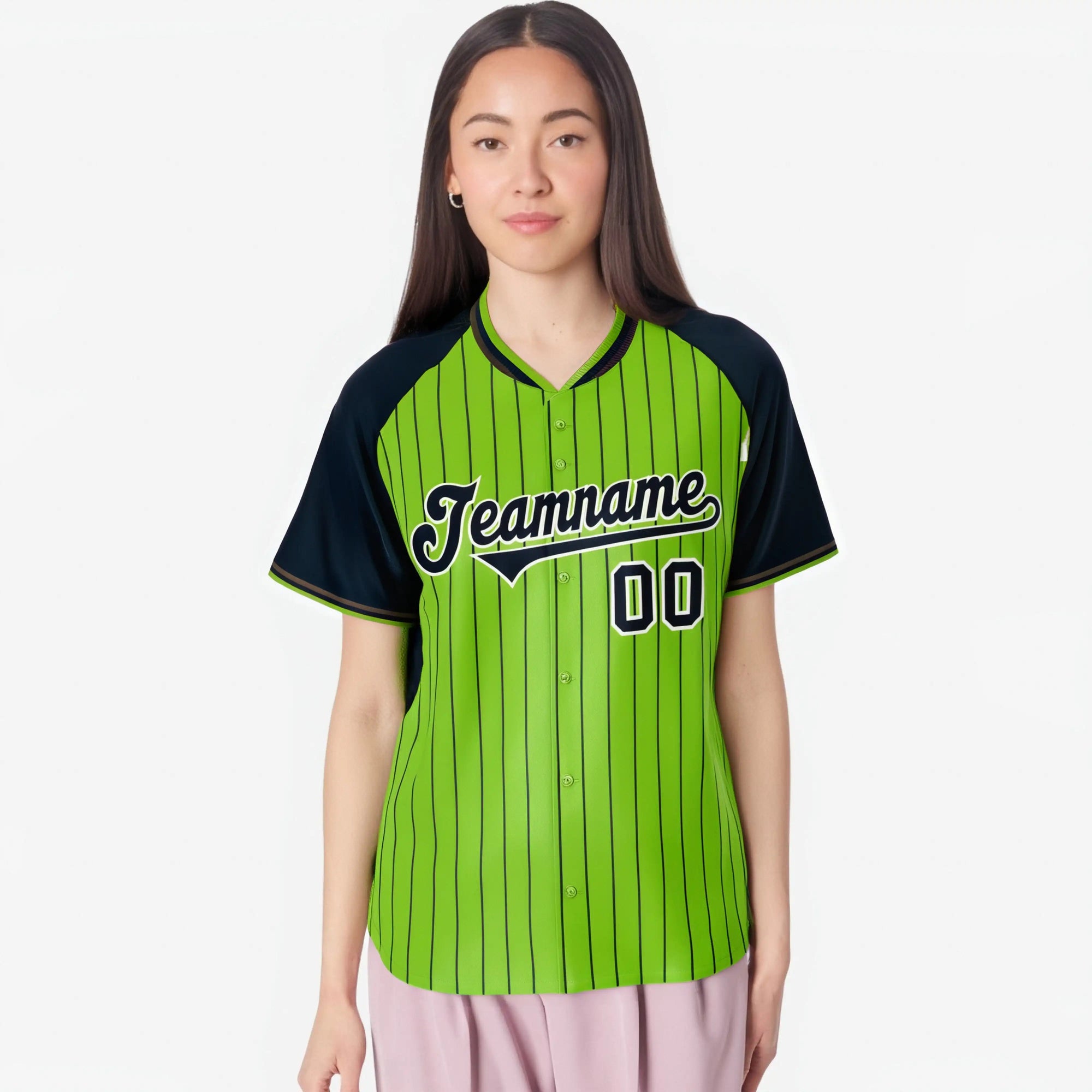 Custom Neon Green Navy Pinstripe Authentic Raglan Sleeves Baseball Jersey