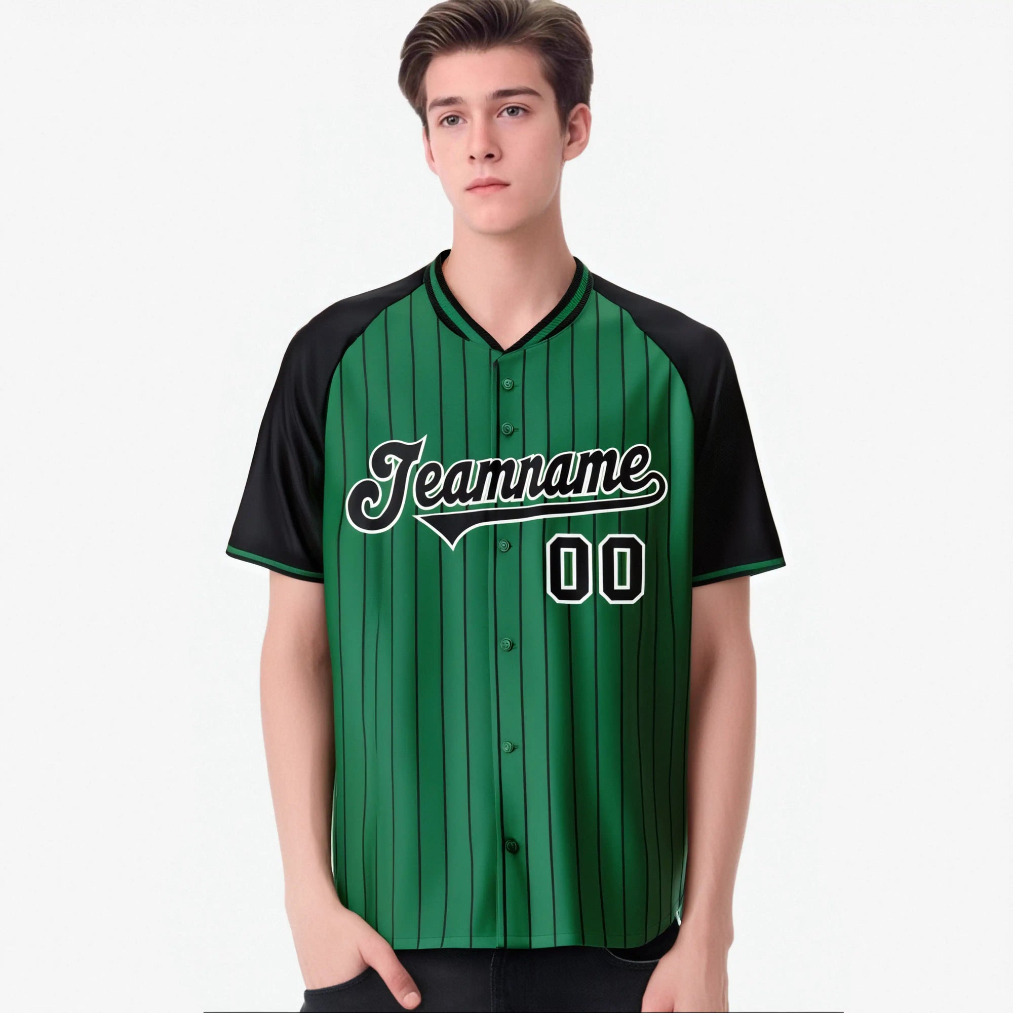 Custom Kelly Green Black Pinstripe Authentic Raglan Sleeves Baseball Jersey