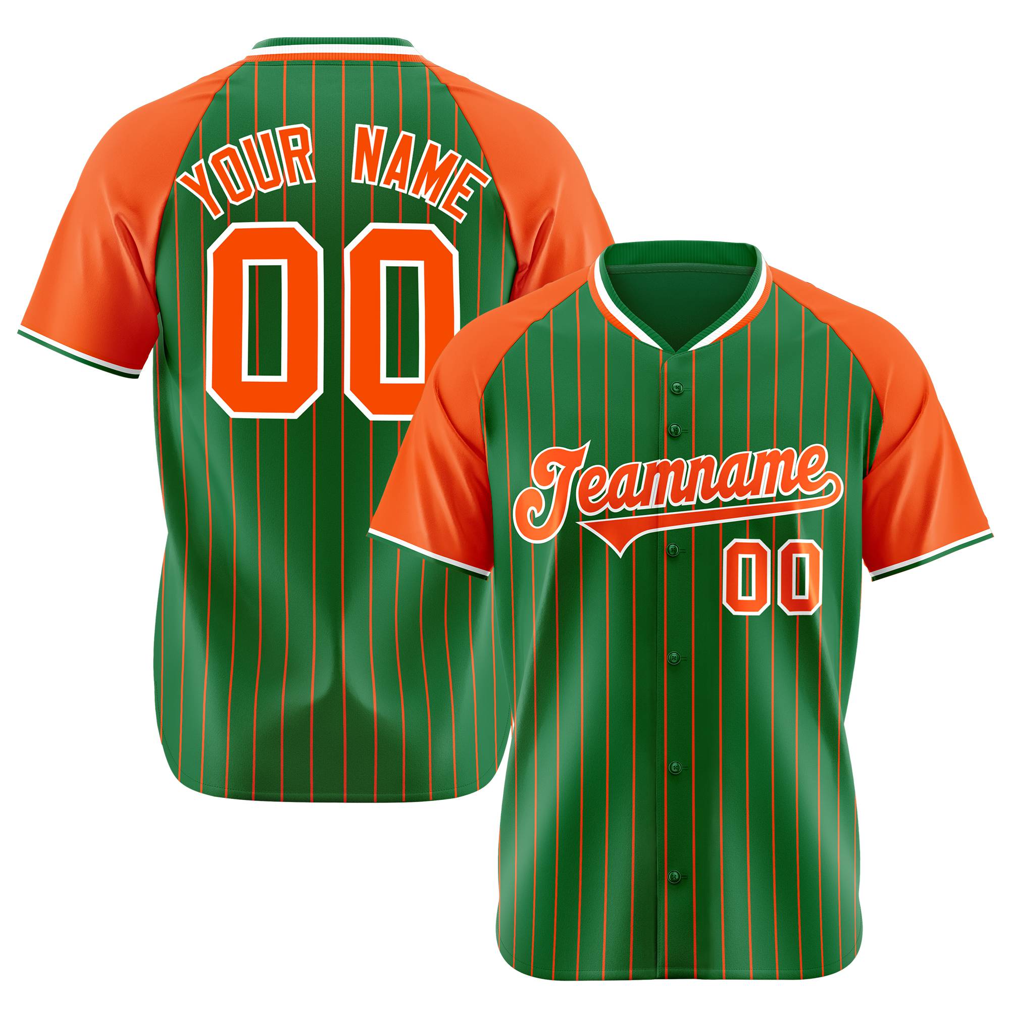 Custom Kelly Green Orange Pinstripe Authentic Raglan Sleeves Baseball Jersey