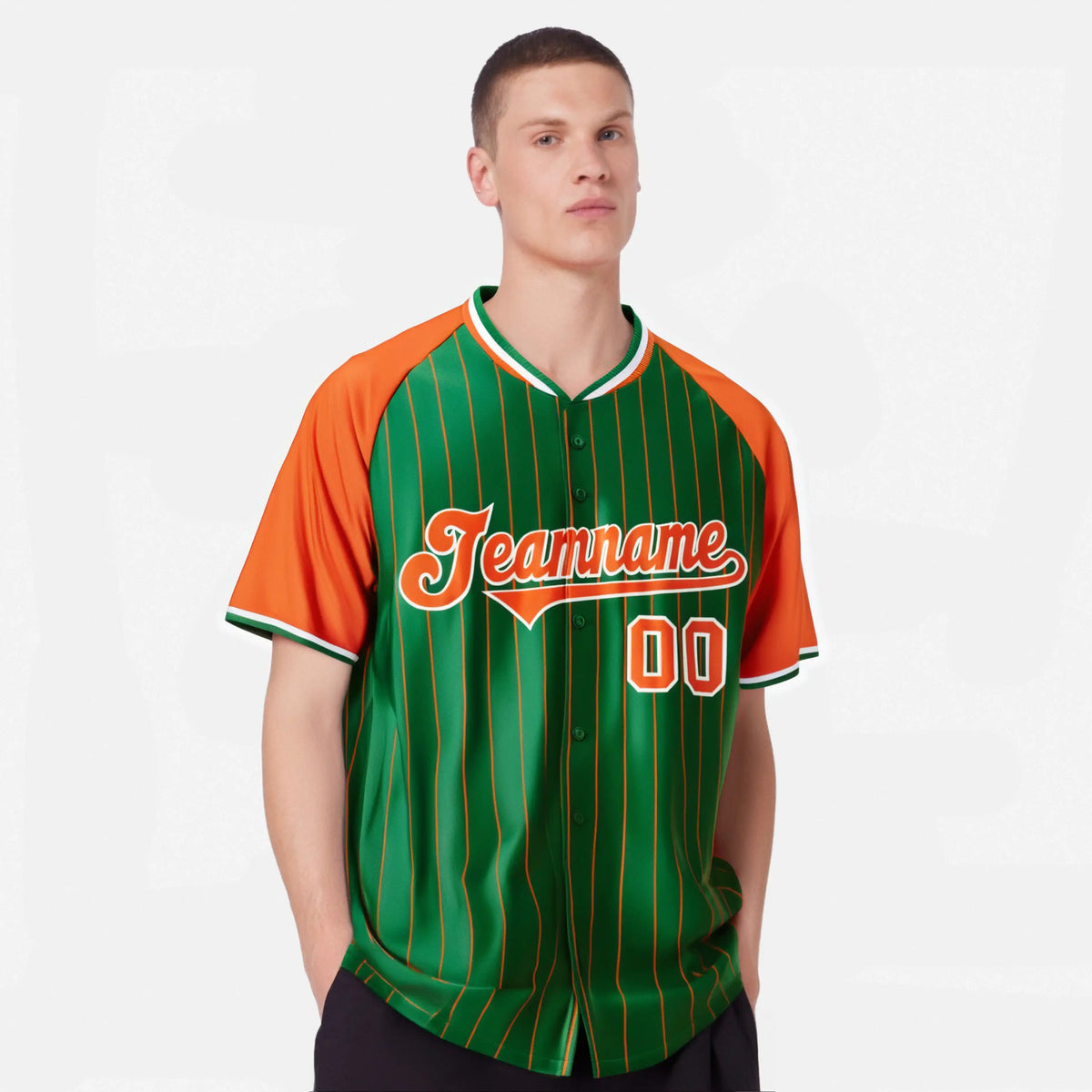 Custom Kelly Green Orange Pinstripe Authentic Raglan Sleeves Baseball Jersey