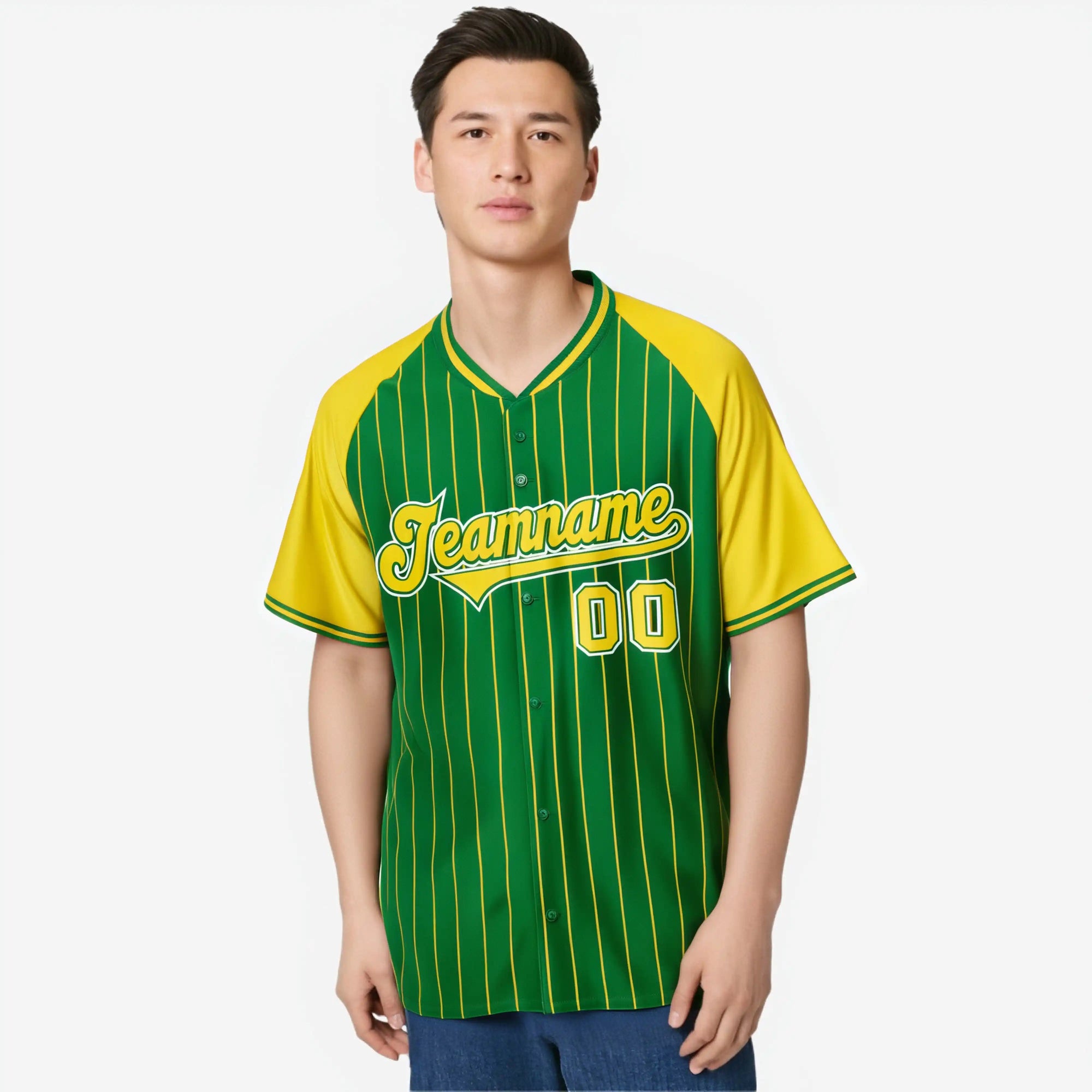 Custom Kelly Green-Yellow Pinstripe Authentic Raglan Sleeves Baseball Jersey