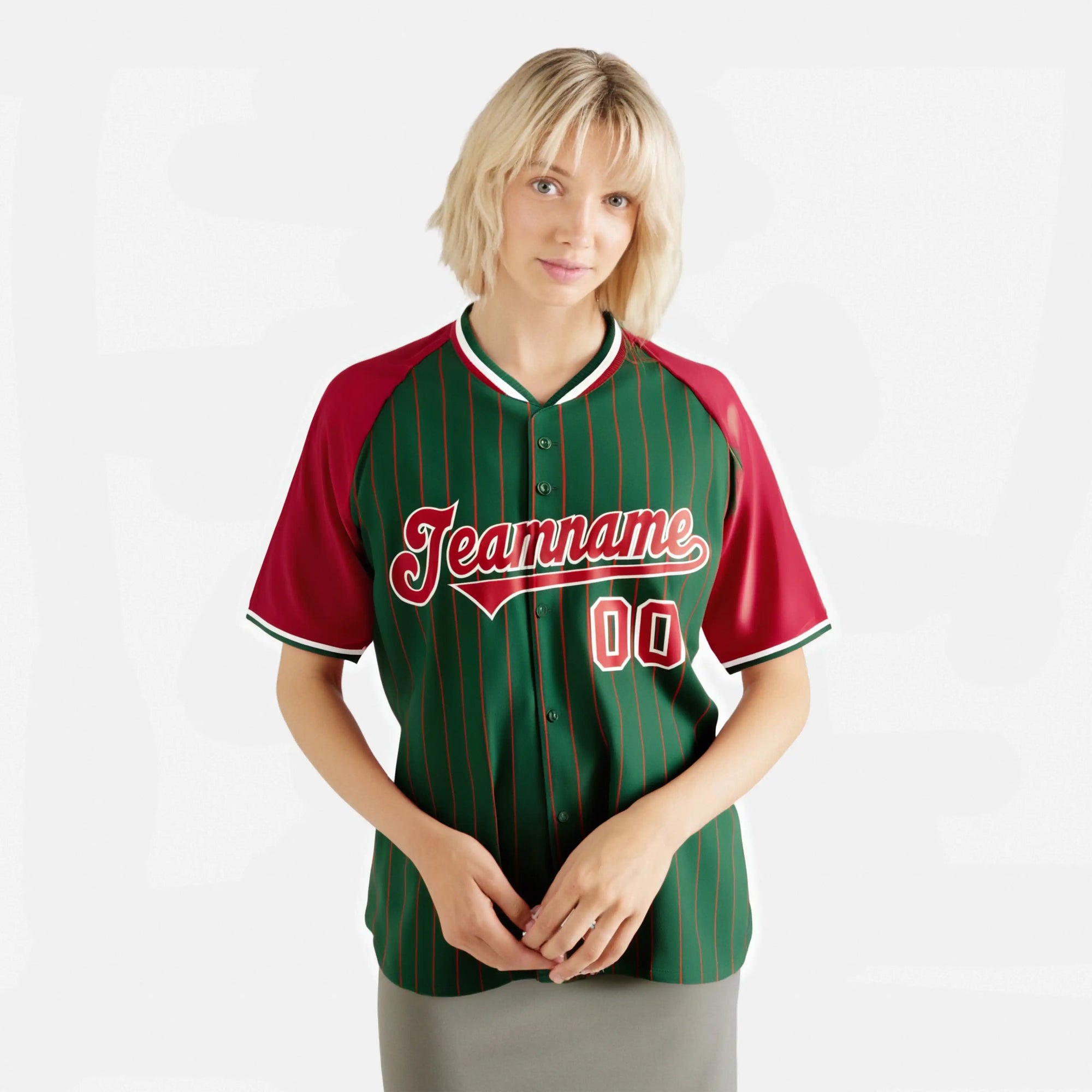 Custom Green Red Pinstripe Authentic Raglan Sleeves Baseball Jersey