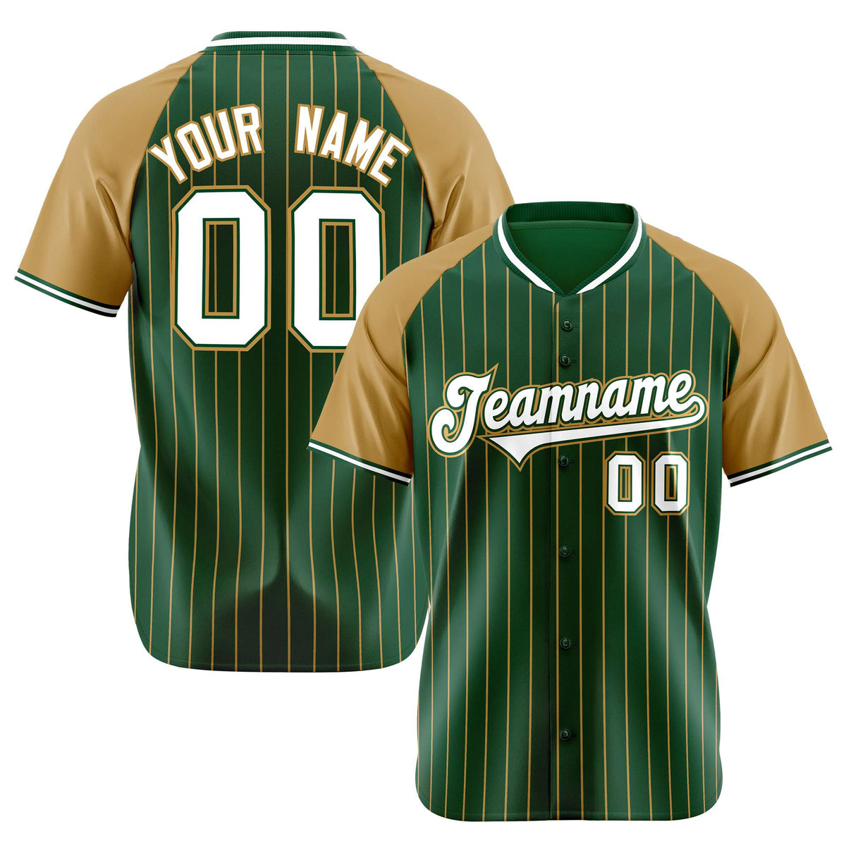 Custom Green-Old Gold Pinstripe Authentic Raglan Sleeves Baseball Jersey