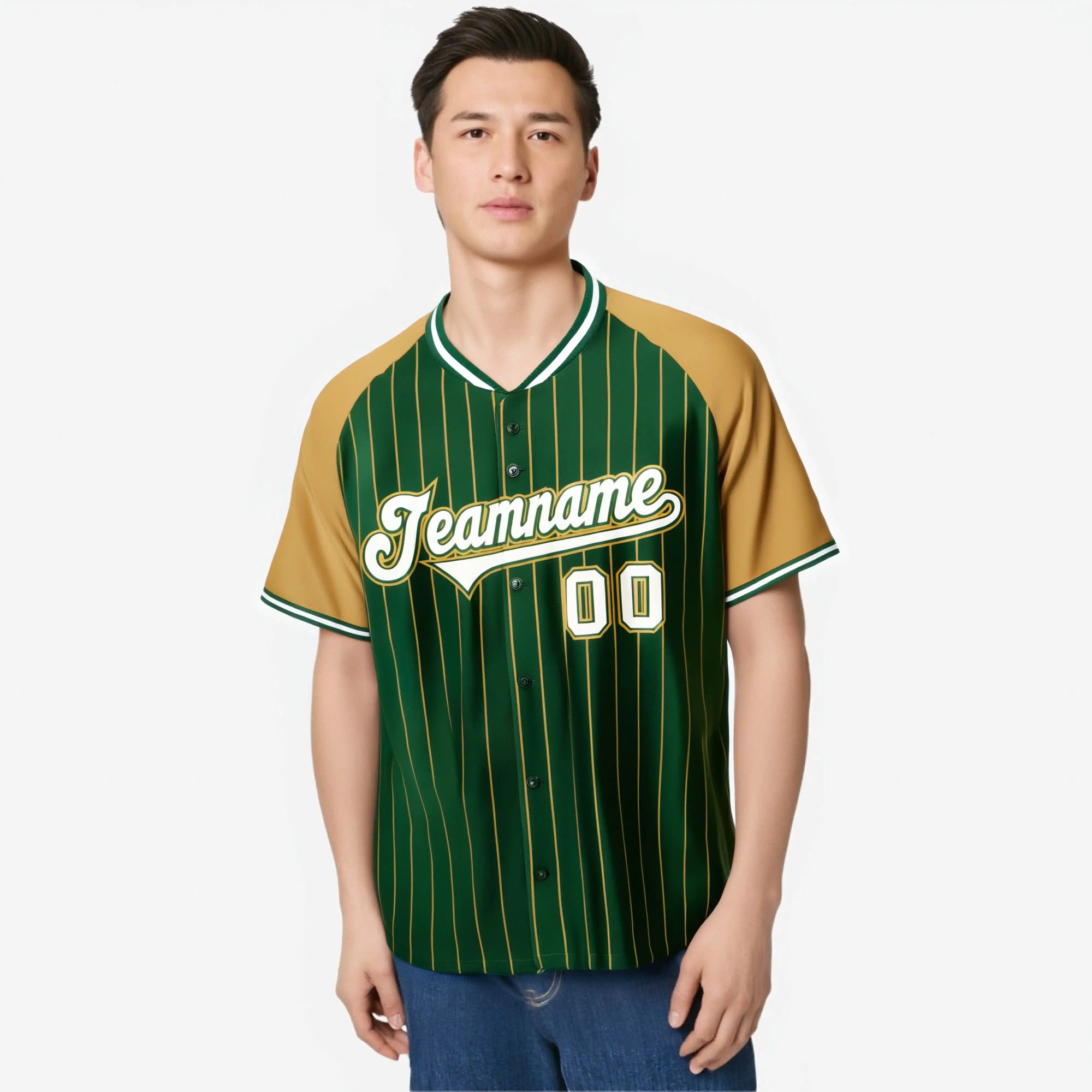 Custom Green-Old Gold Pinstripe Authentic Raglan Sleeves Baseball Jersey