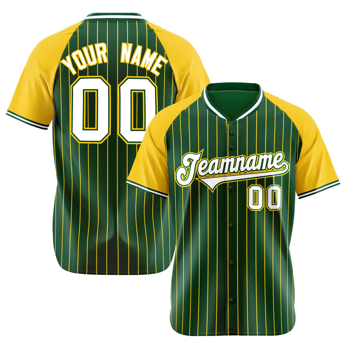 Custom Green Gold Pinstripe Authentic Raglan Sleeves Baseball Jersey