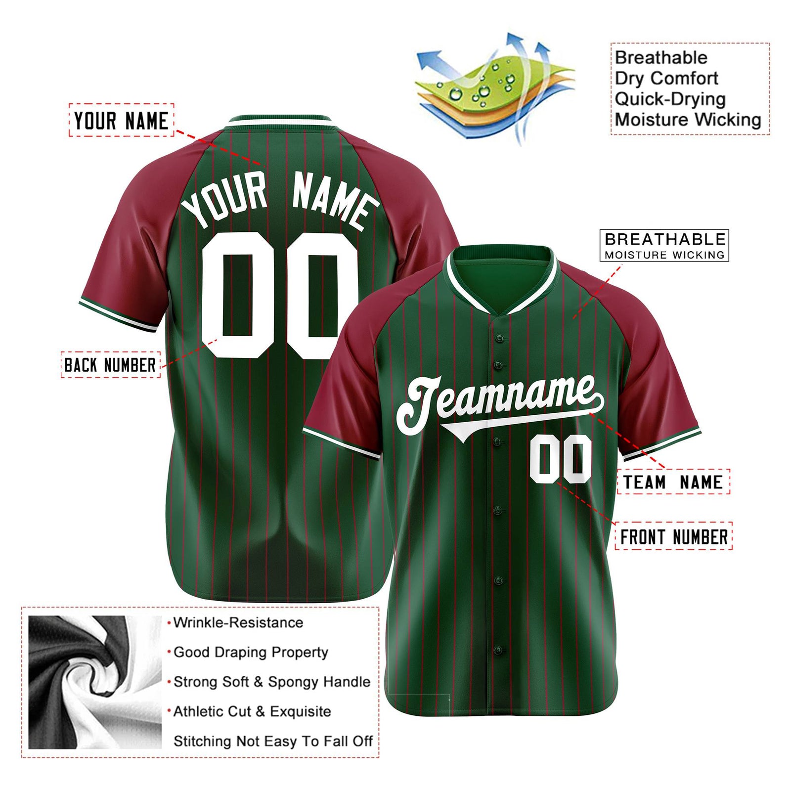 Custom Green Crimson Pinstripe Authentic Raglan Sleeves Baseball Jersey