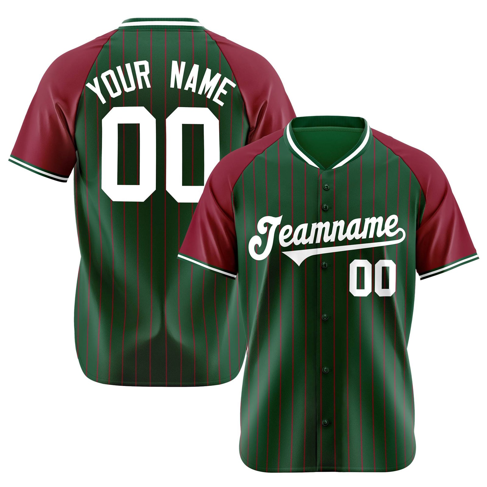 Custom Green Crimson Pinstripe Authentic Raglan Sleeves Baseball Jersey