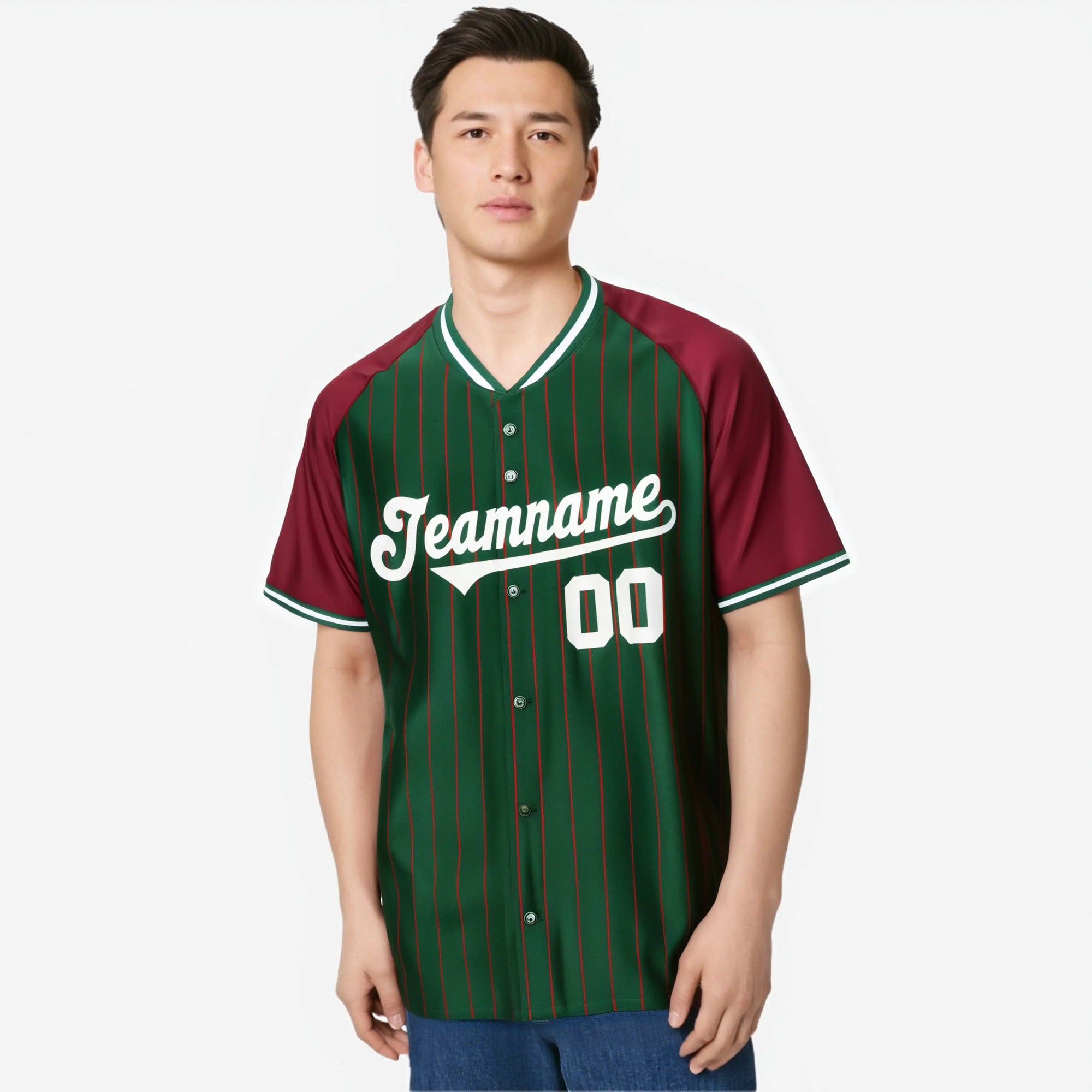 Custom Green Crimson Pinstripe Authentic Raglan Sleeves Baseball Jersey