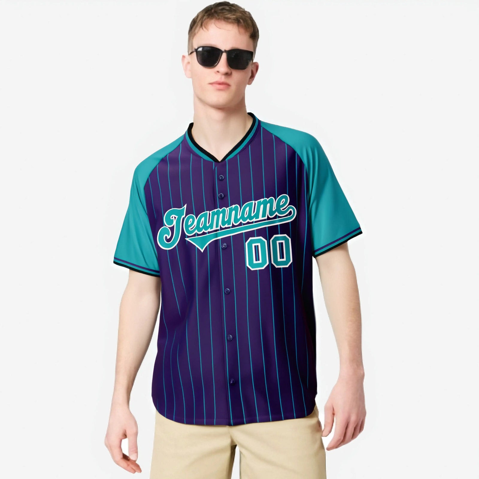 Custom Purple Aqua Pinstripe Aqua Purple Authentic Raglan Sleeves Baseball Jersey