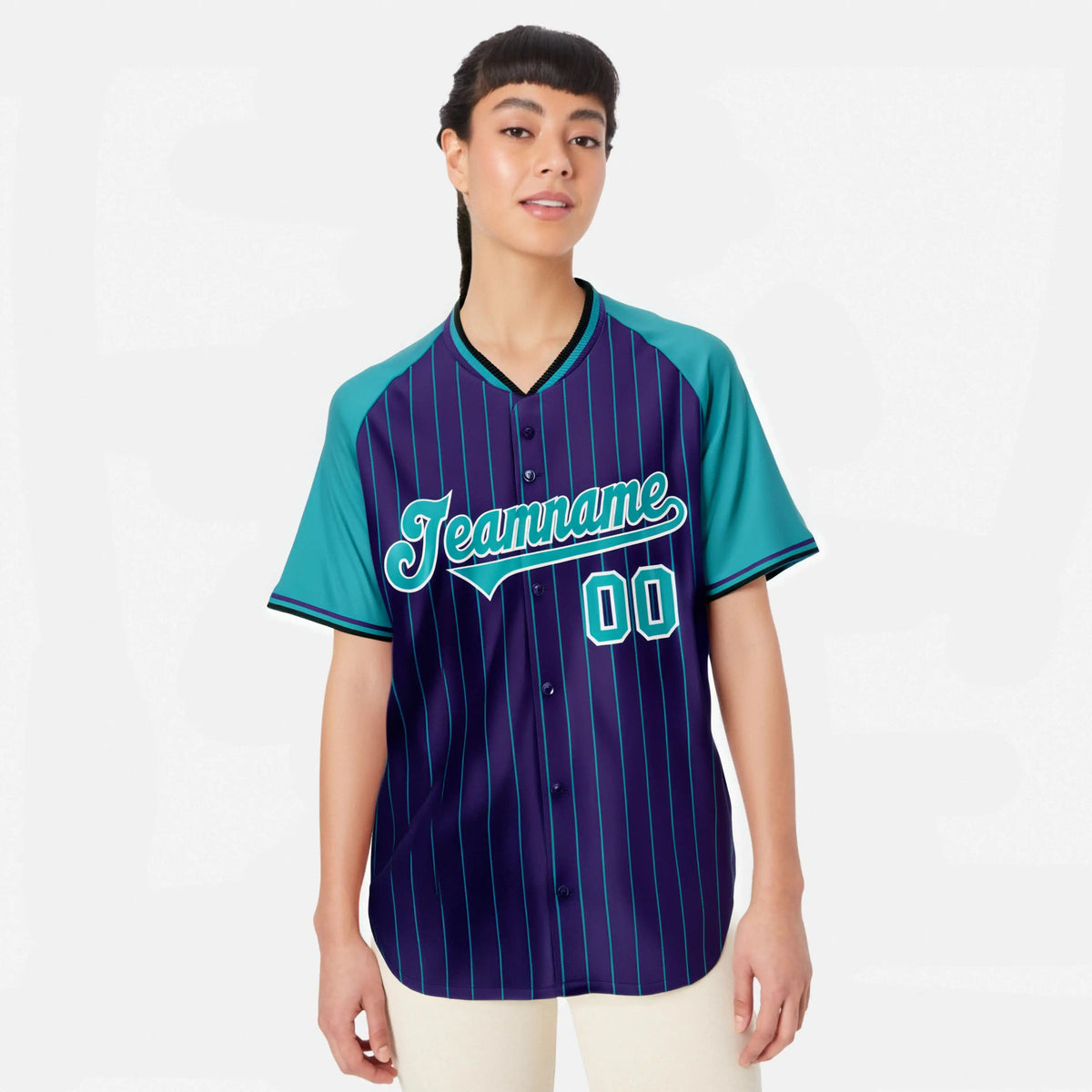 Custom Purple Aqua Pinstripe Aqua Purple Authentic Raglan Sleeves Baseball Jersey