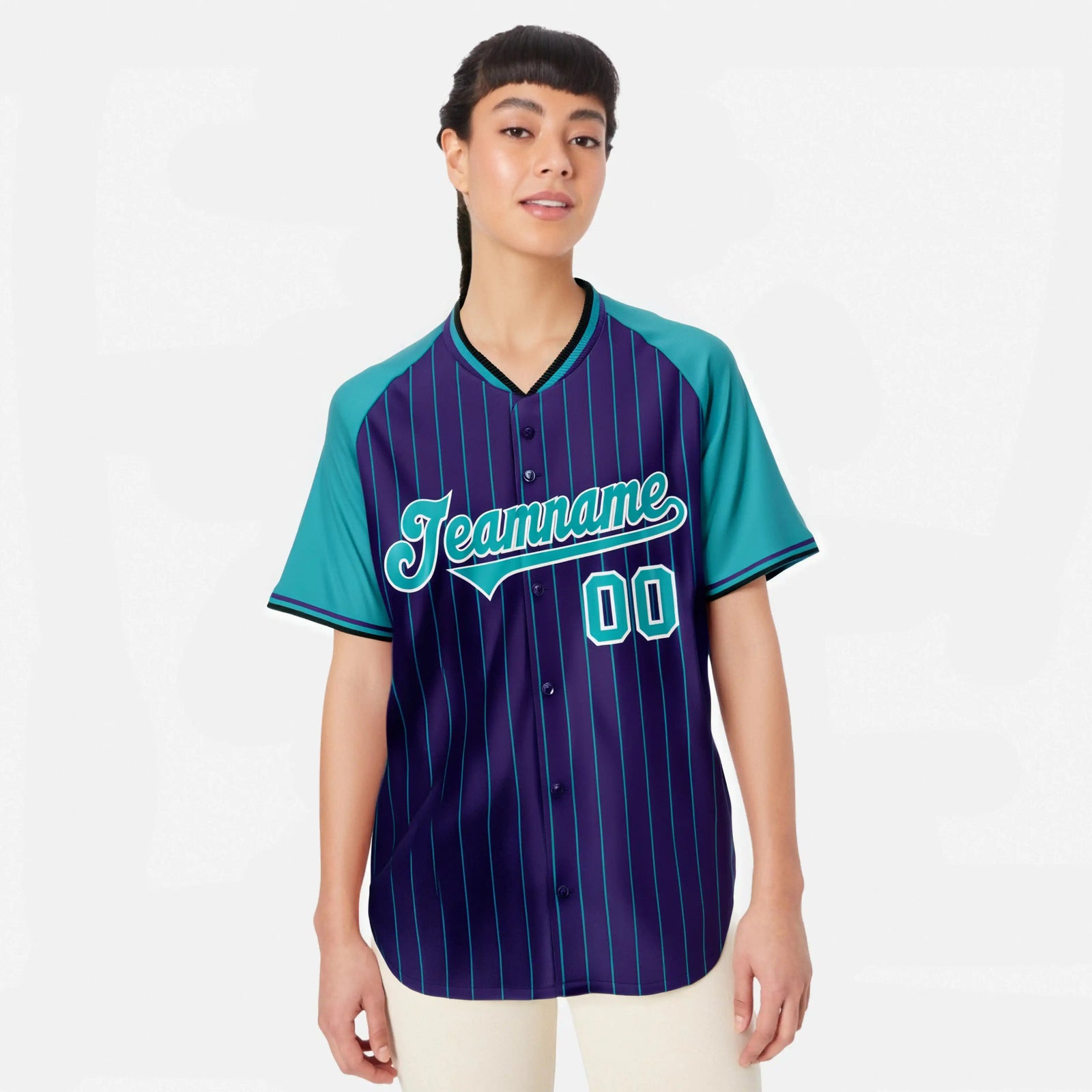 Custom Purple Aqua Pinstripe Aqua Purple Authentic Raglan Sleeves Baseball Jersey
