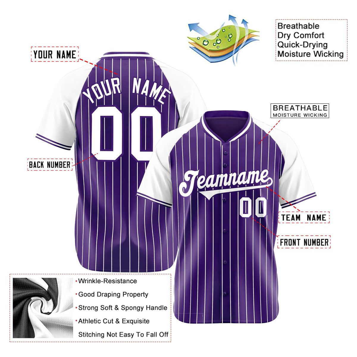 Custom Purple White Pinstripe White Purple Authentic Raglan Sleeves Baseball Jersey