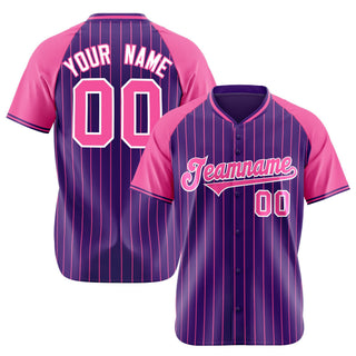 Camiseta de béisbol personalizada con rayas rosas y moradas, auténtica, con mangas raglán - Style 1