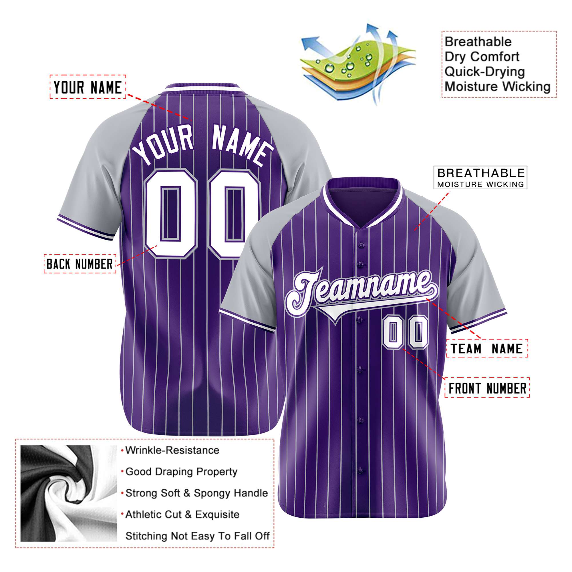 Custom Purple Gray Pinstripe Gray Purple Authentic Raglan Sleeves Baseball Jersey