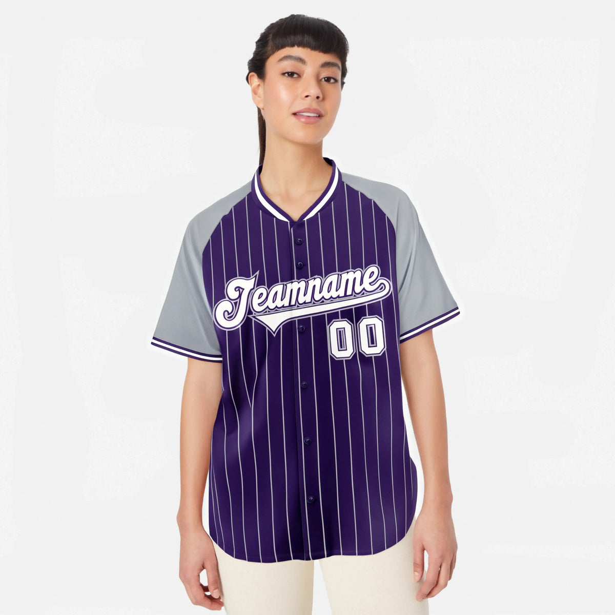 Custom Purple Gray Pinstripe Gray Purple Authentic Raglan Sleeves Baseball Jersey
