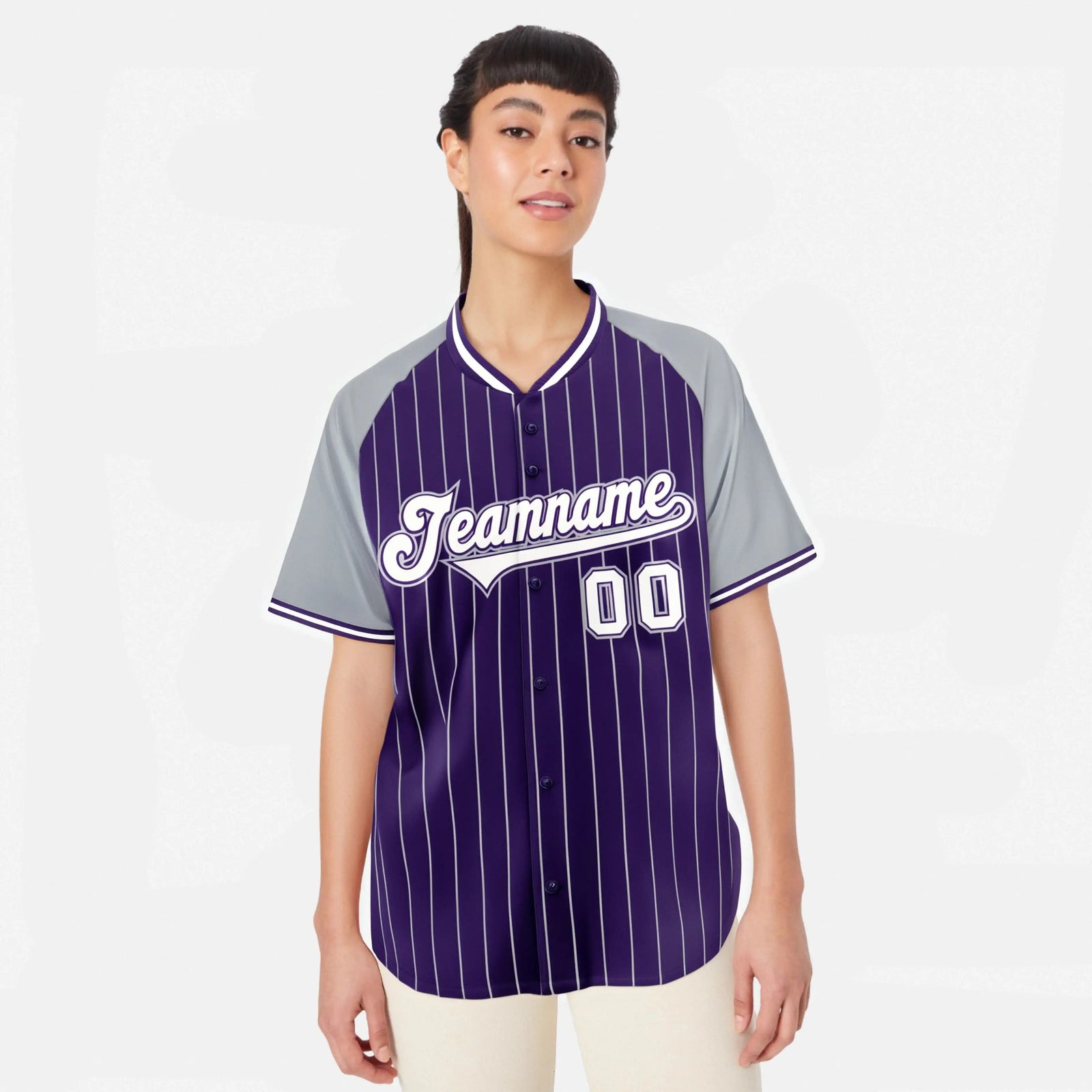 Custom Purple Gray Pinstripe Gray Purple Authentic Raglan Sleeves Baseball Jersey