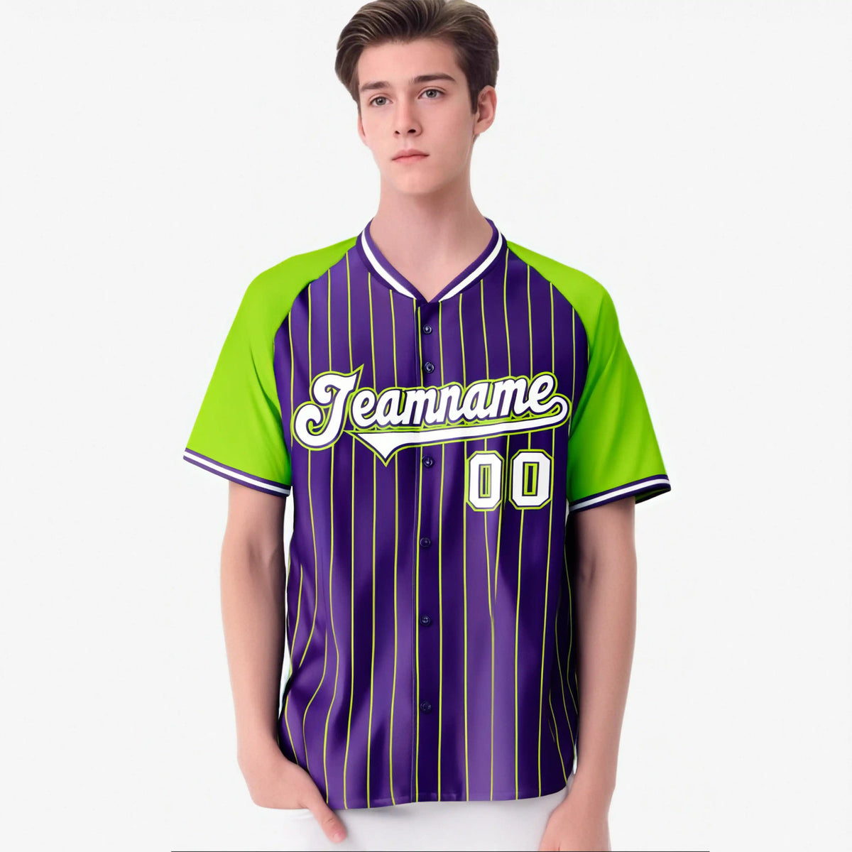 Custom Purple-Neon Green Pinstripe Authentic Raglan Sleeves Baseball Jersey