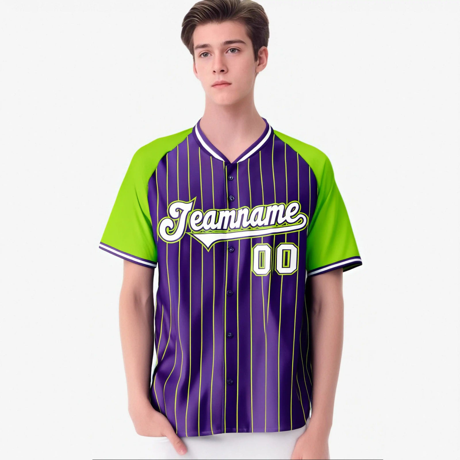 Custom Purple-Neon Green Pinstripe Authentic Raglan Sleeves Baseball Jersey
