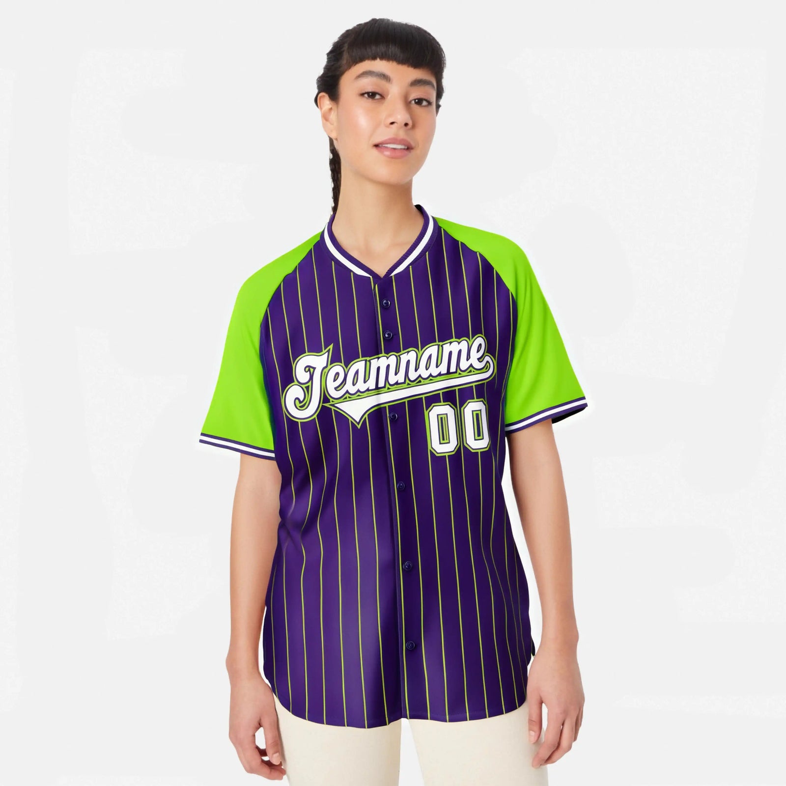 Custom Purple-Neon Green Pinstripe Authentic Raglan Sleeves Baseball Jersey