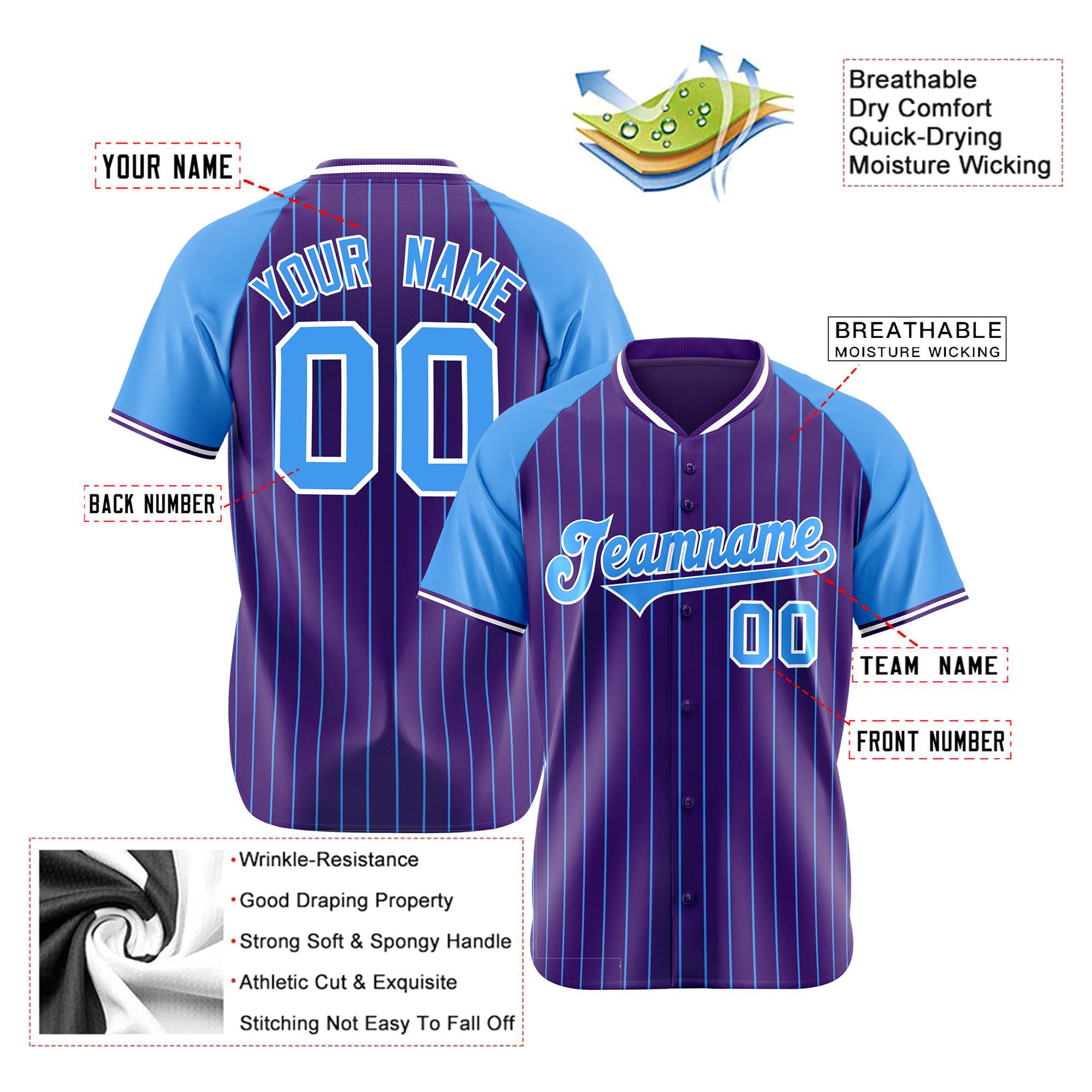 Custom Purple Blue Pinstripe Blue-Purple Authentic Raglan Sleeves Baseball Jersey