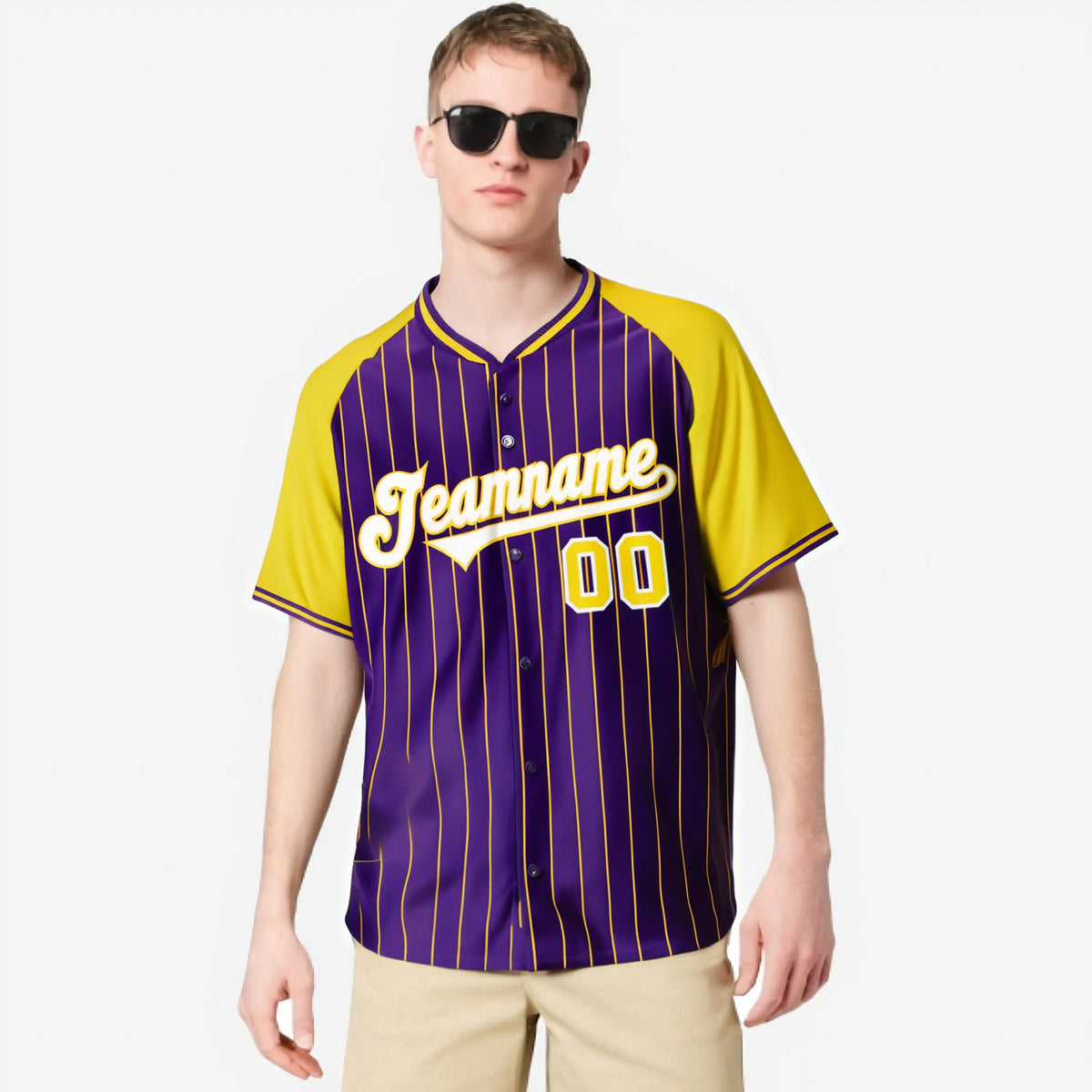 Custom Purple Yellow Pinstripe Yellow-Purple Authentic Raglan Sleeves Baseball Jersey