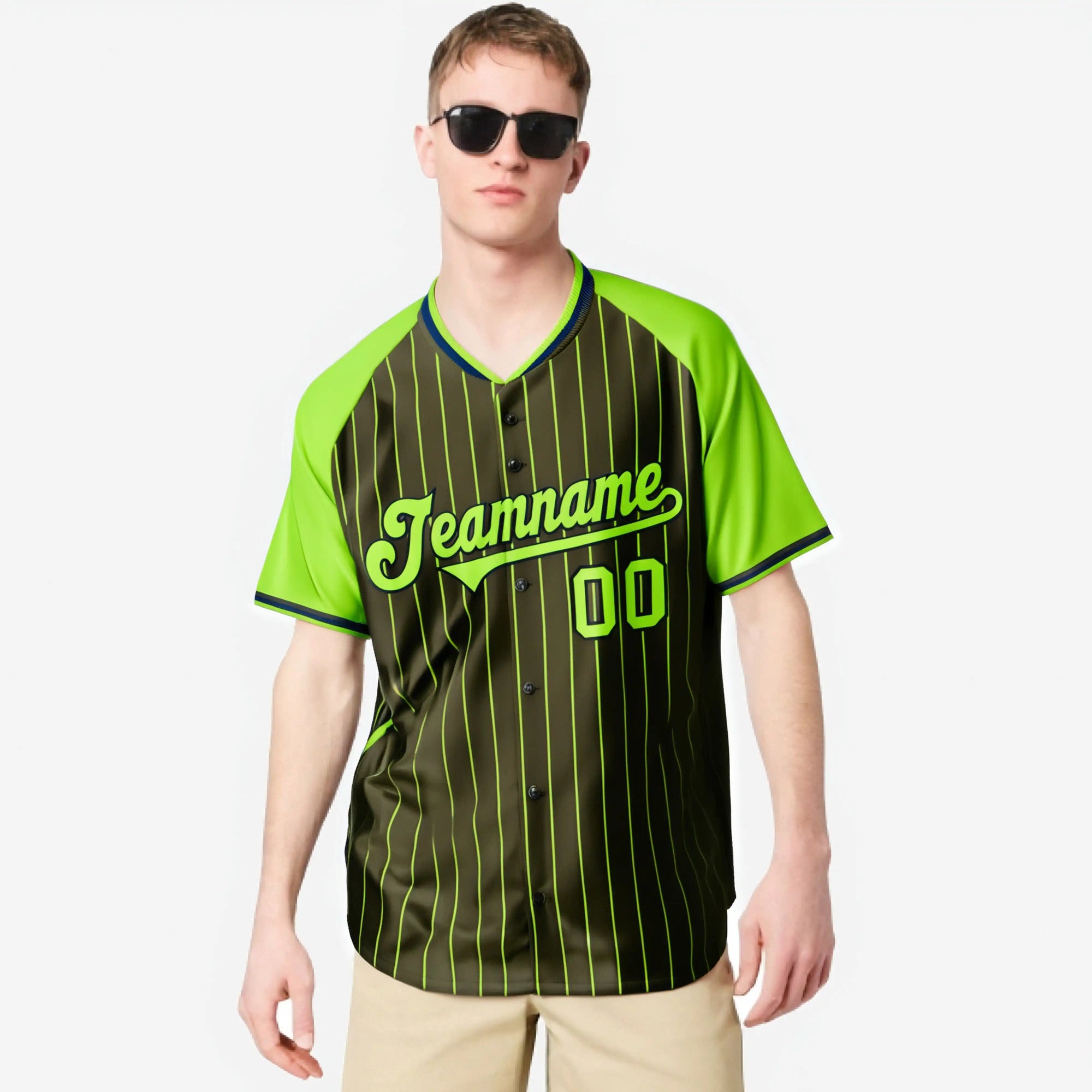 Custom Olive-Neon Green Pinstripe Authentic Raglan Sleeves Baseball Jersey