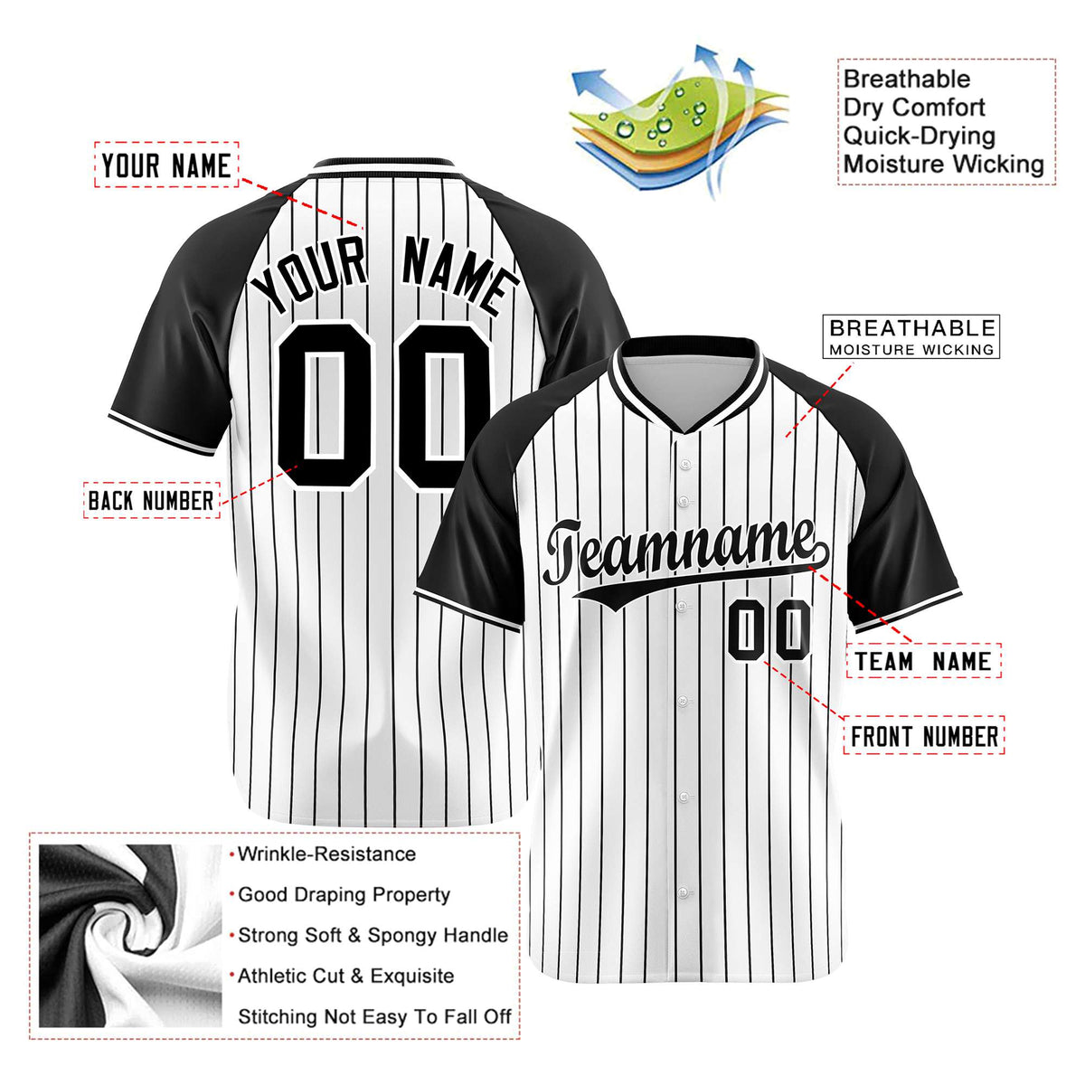 Custom White Black Pinstripe Black-White Authentic Raglan Sleeves Baseball Jersey