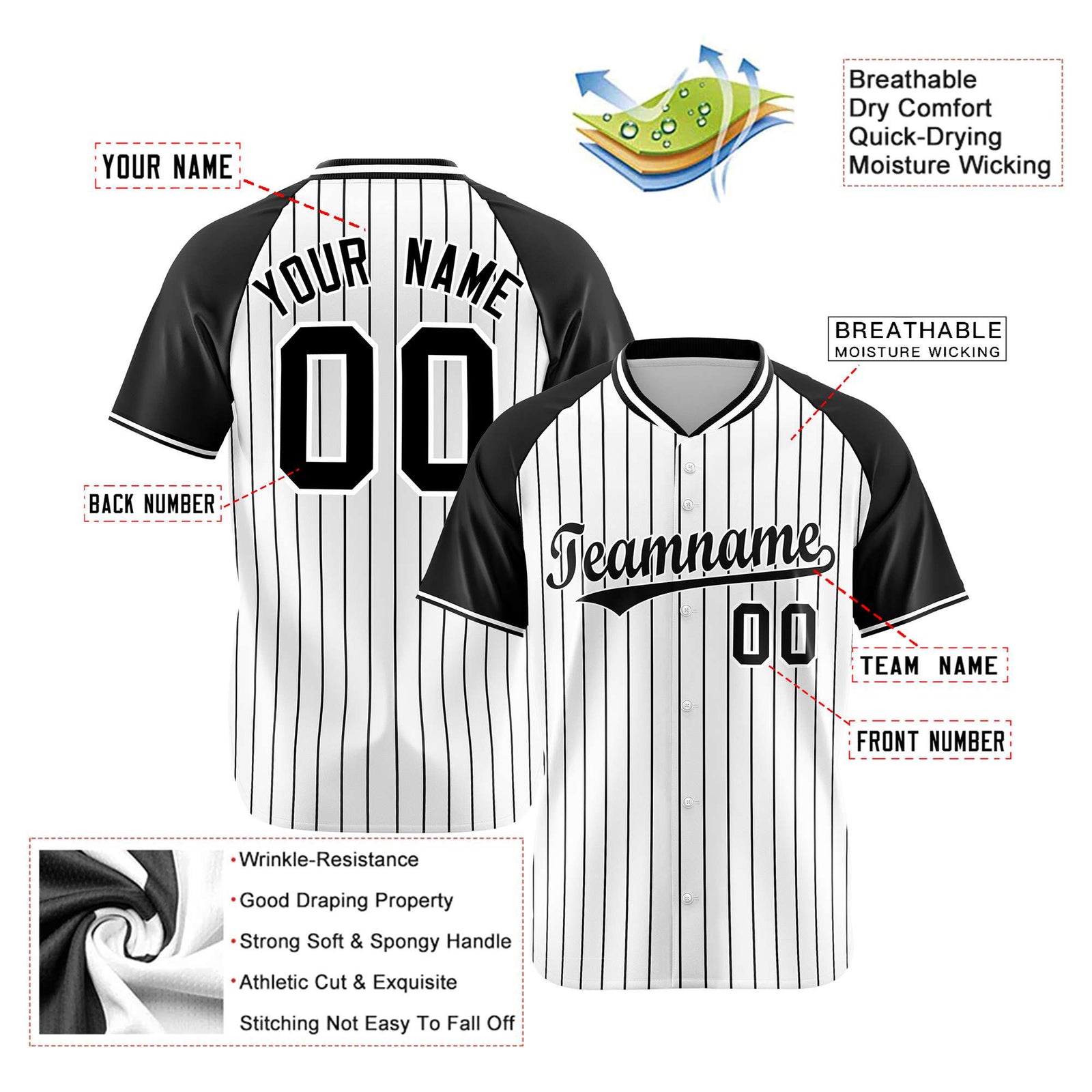Custom White Black Pinstripe Black-White Authentic Raglan Sleeves Baseball Jersey