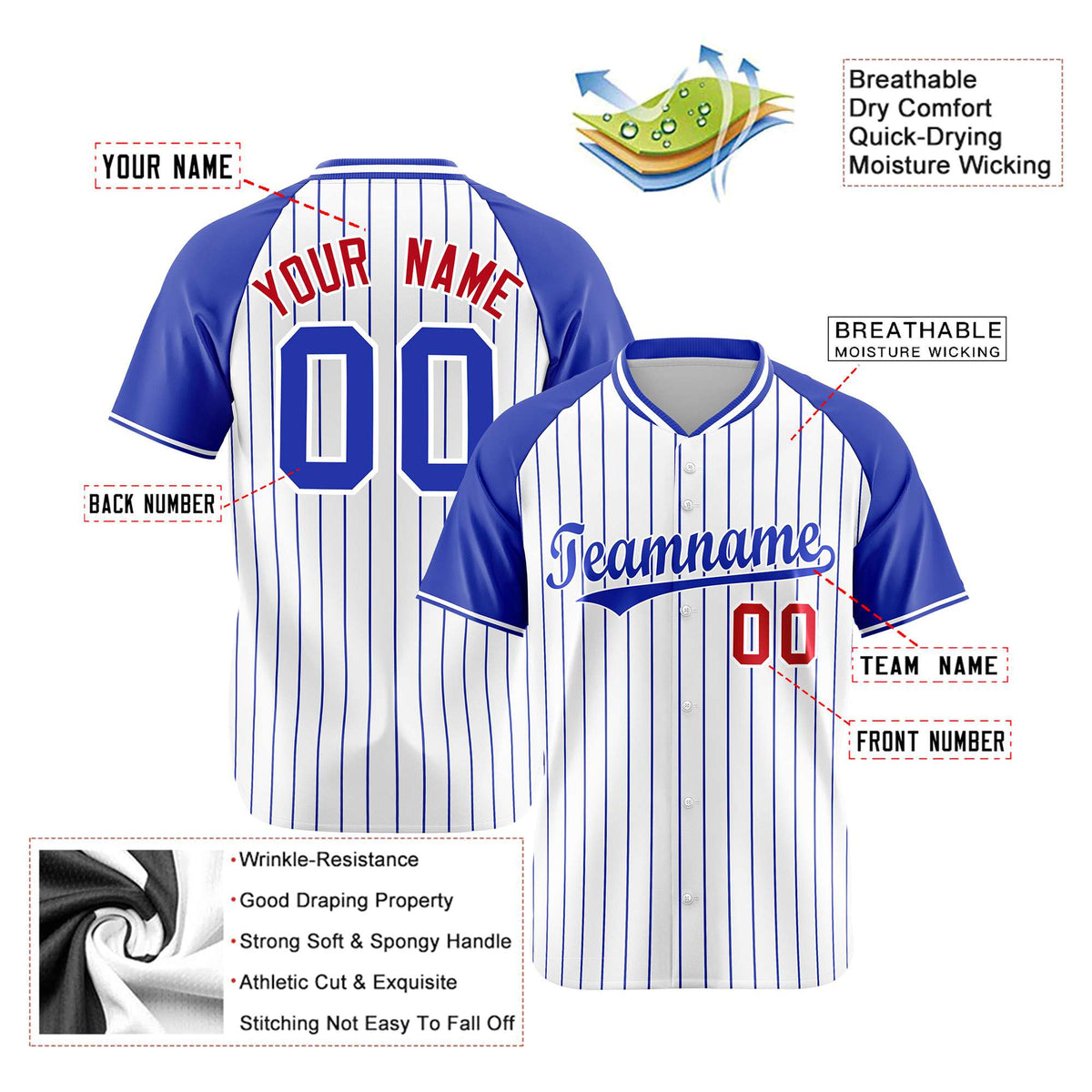 Custom White-Royal Blue Pinstripe Authentic Raglan Sleeves Baseball Jersey